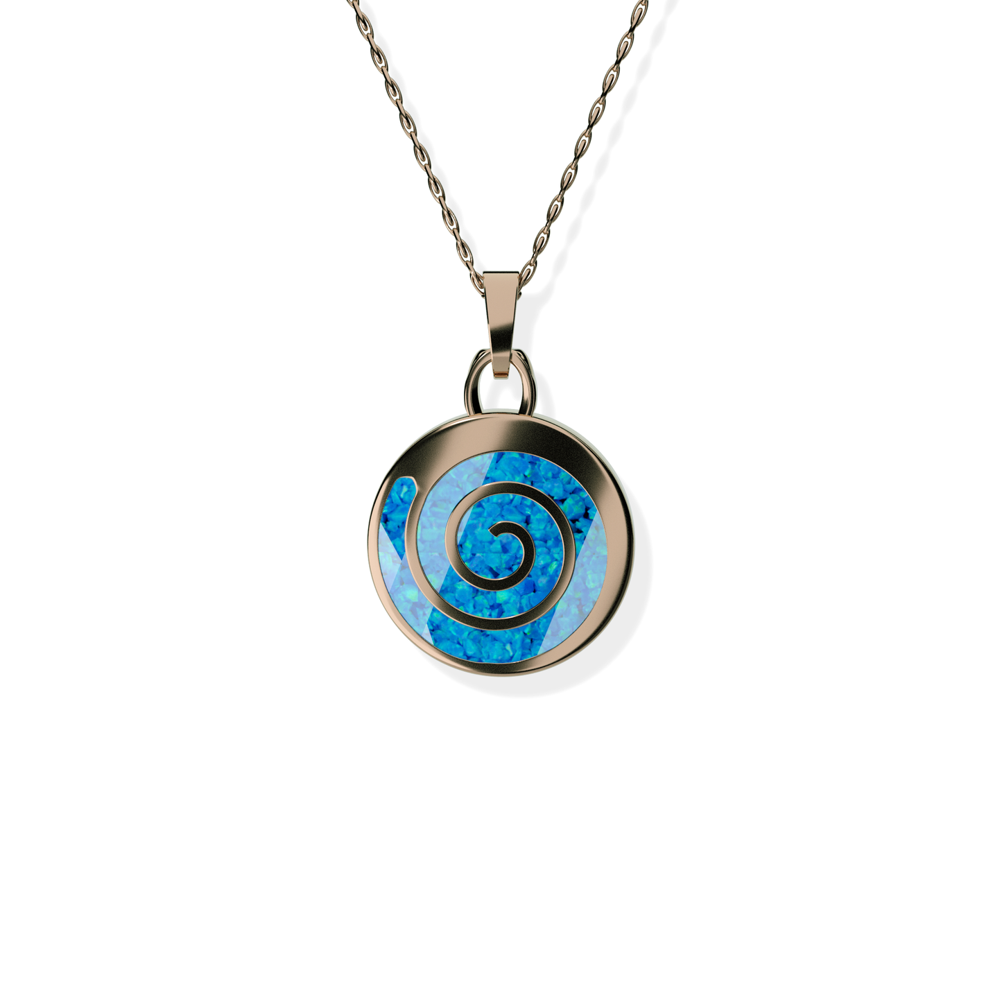 Opals & Ashes Spiral Memorial Pendant 9ct Rose Gold. Ashes blended with Pacific Blue Opals.