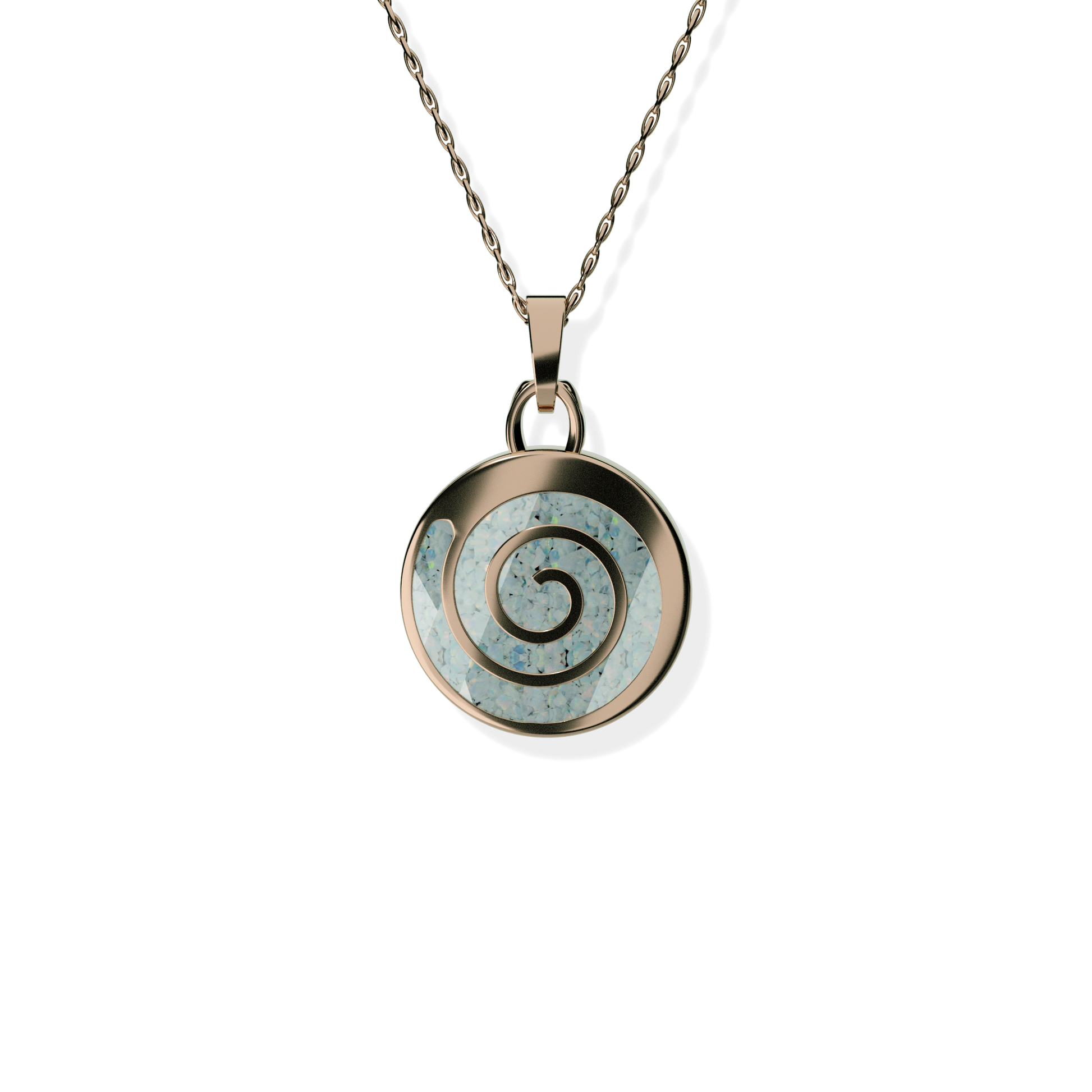 Opals & Ashes Spiral Memorial Pendant 9ct Rose Gold. Ashes blended with Pearl White Opals.