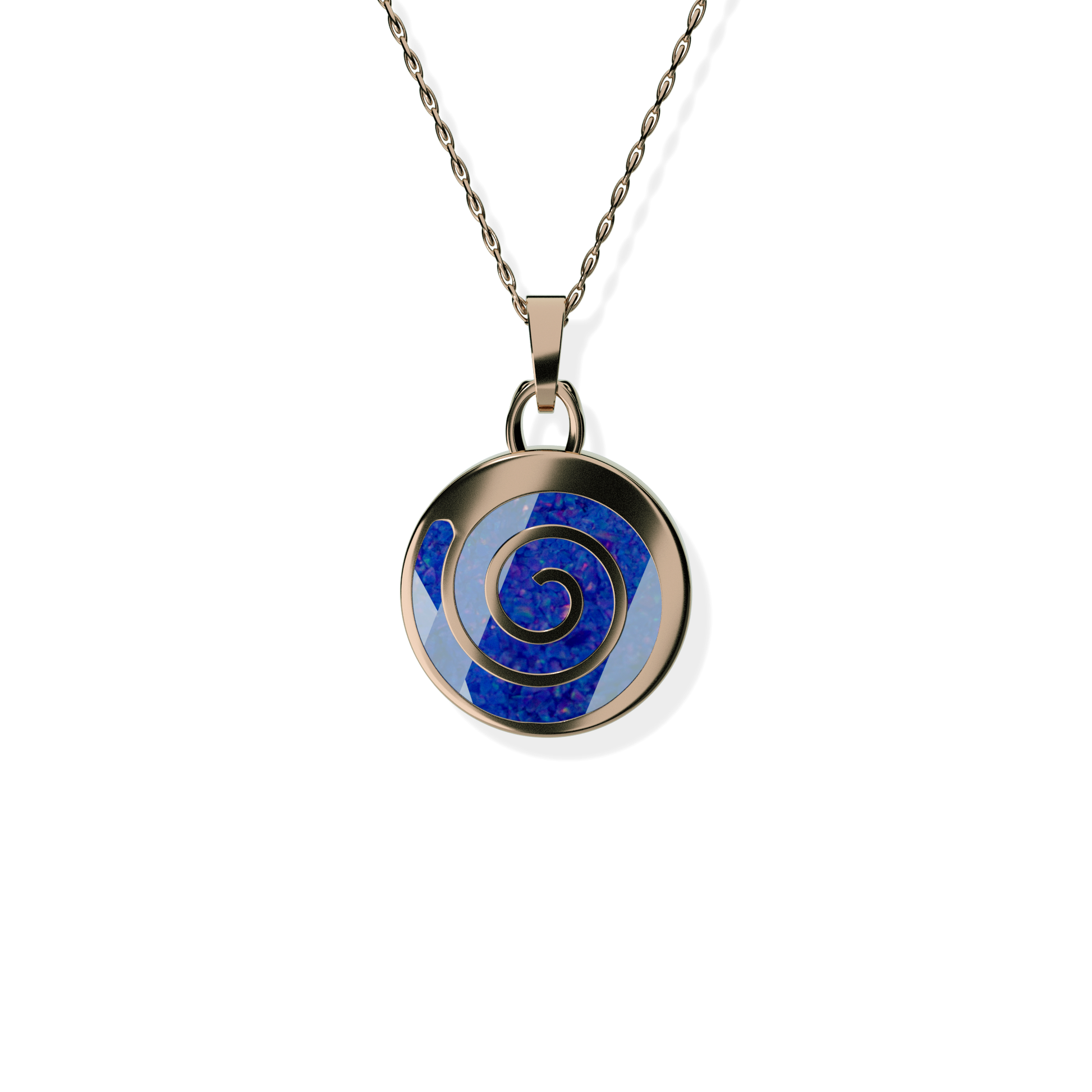 Opals & Ashes Spiral Memorial Pendant 9ct Rose Gold. Ashes blended with Royal Blue Opals.