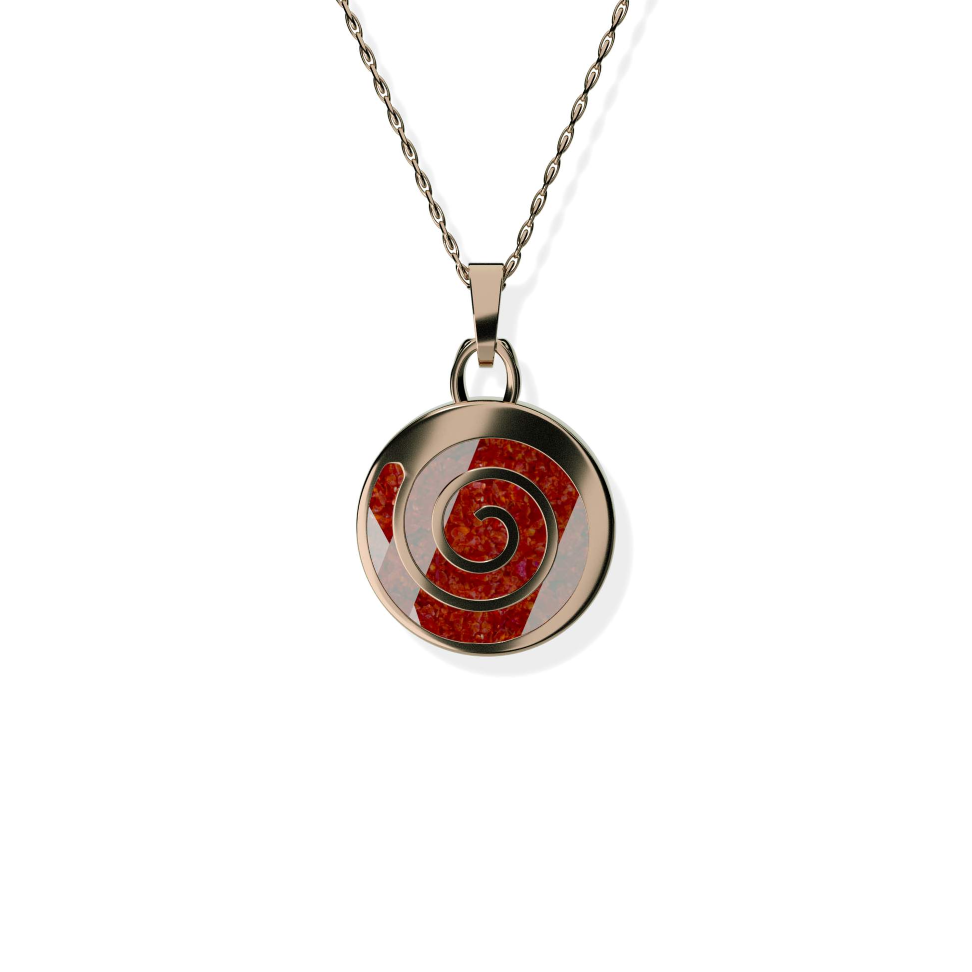 Opals & Ashes Spiral Memorial Pendant 9ct Rose Gold. Ashes blended with Ruby Red Opals.