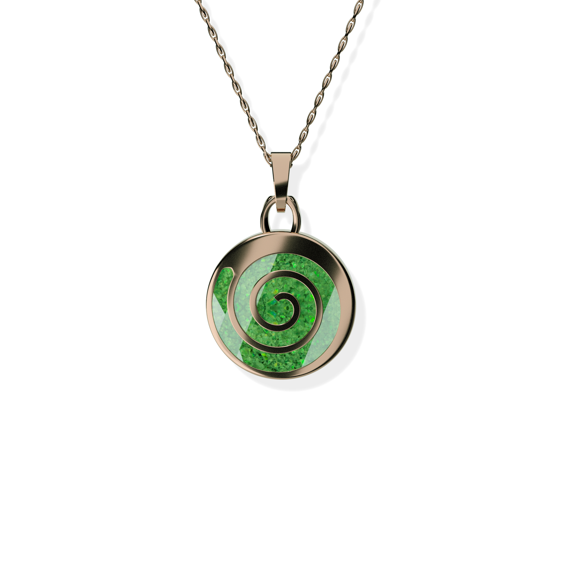 Opals & Ashes Spiral Memorial Pendant 9ct Rose Gold. Ashes blended with Spring Green Opals.