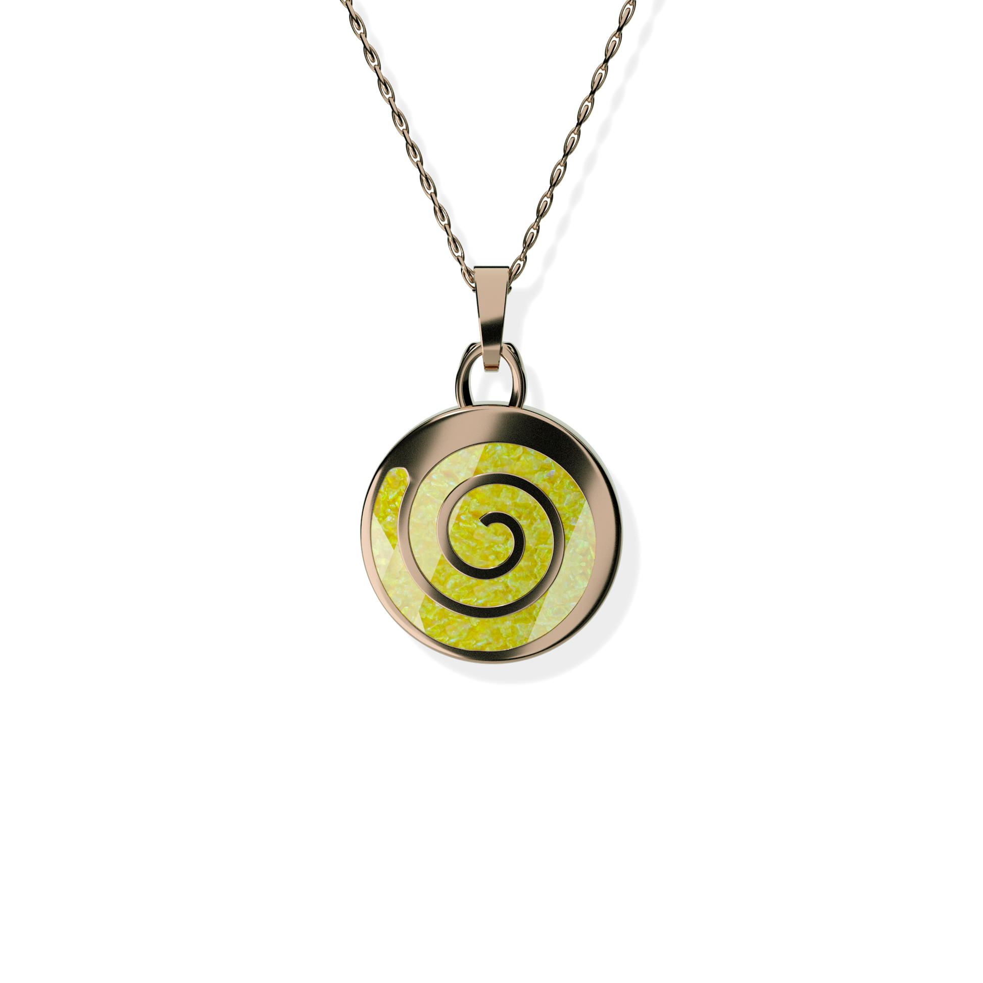 Opals & Ashes Spiral Memorial Pendant 9ct Rose Gold. Ashes blended with Summer Yellow Opals.