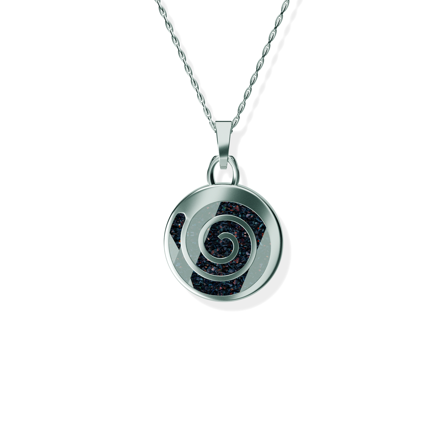 Opals & Ashes Spiral Memorial Pendant Silver. Ashes blended with Black Fire Opals.