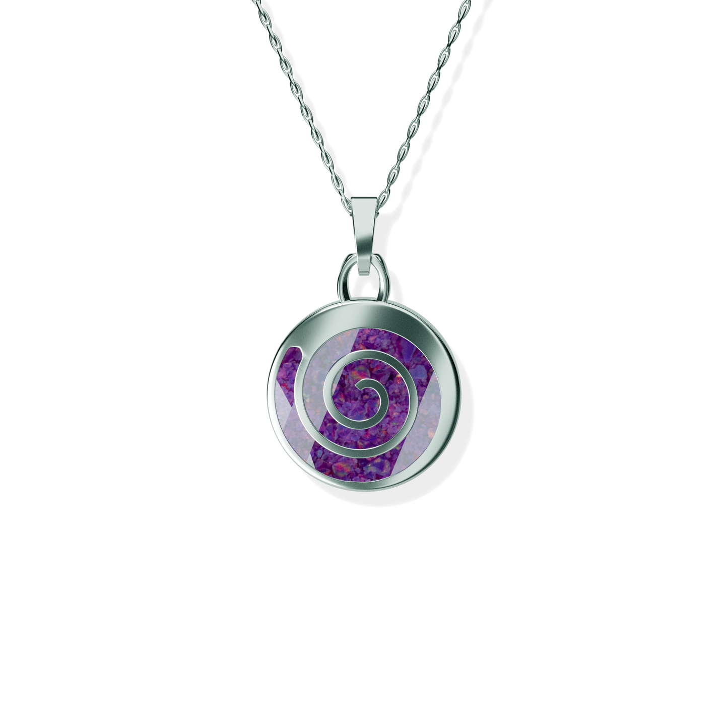 Opals & Ashes Spiral Memorial Pendant Silver. Ashes blended with Lavender Opals.