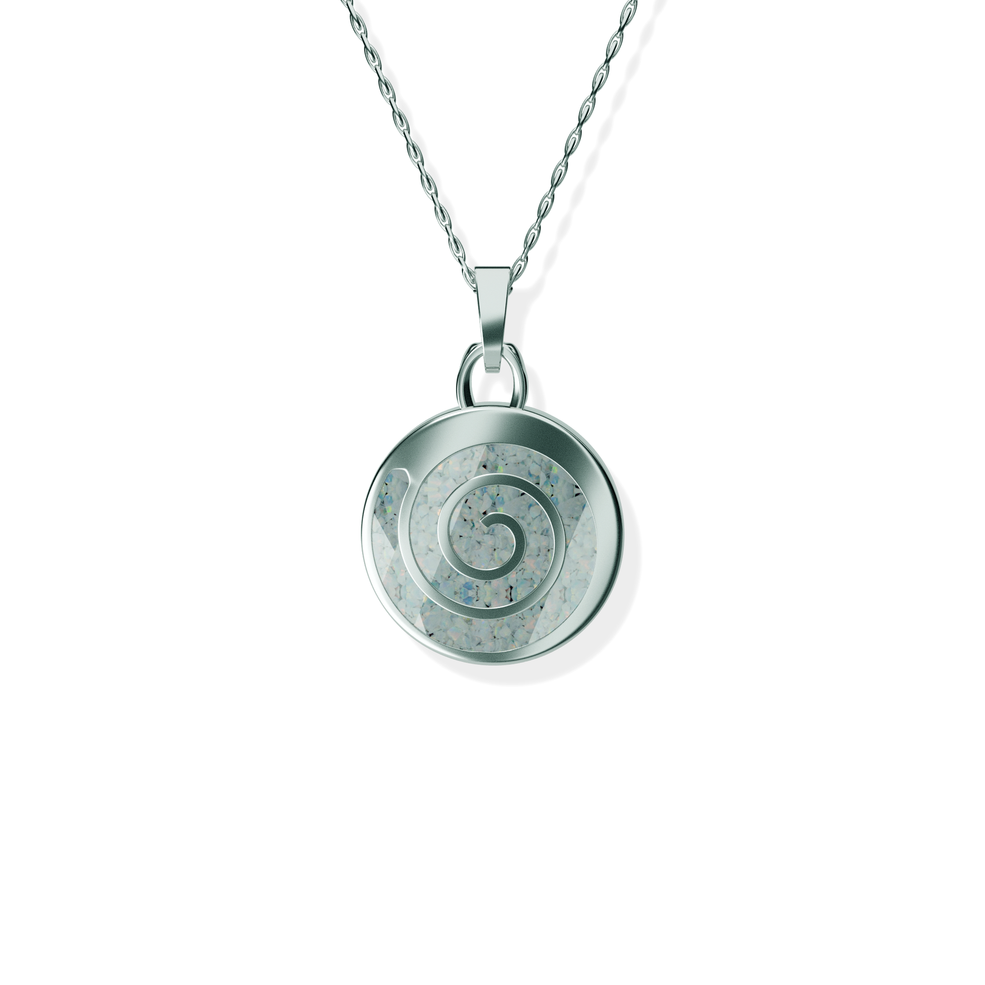 Opals & Ashes Spiral Memorial Pendant Silver. Ashes blended with Pearl White Opals.