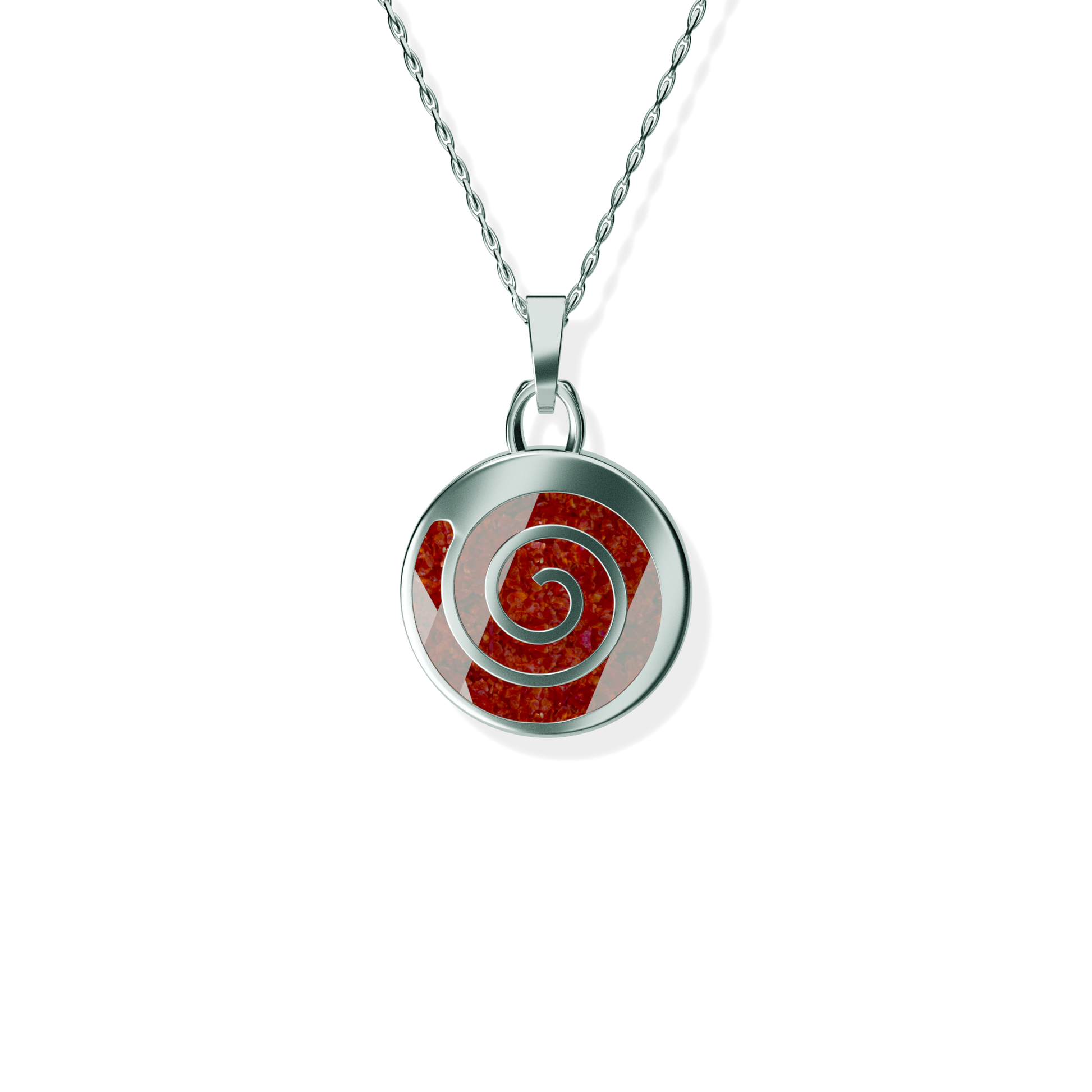 Opals & Ashes Spiral Memorial Pendant Silver. Ashes blended with Ruby Red Opals.