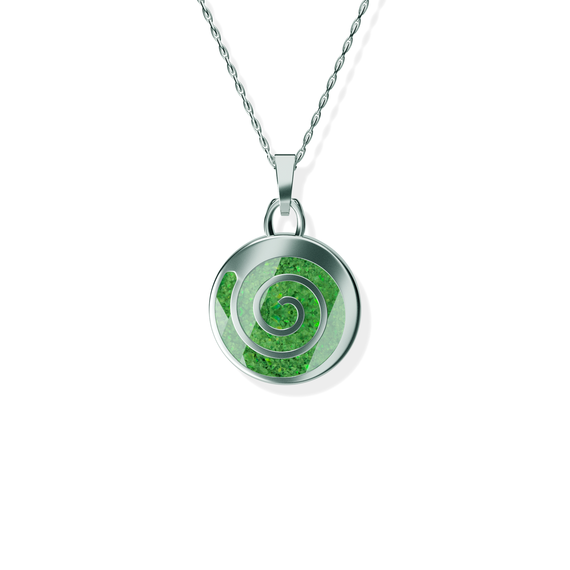 Opals & Ashes Spiral Memorial Pendant Silver. Ashes blended with Spring Green Opals.