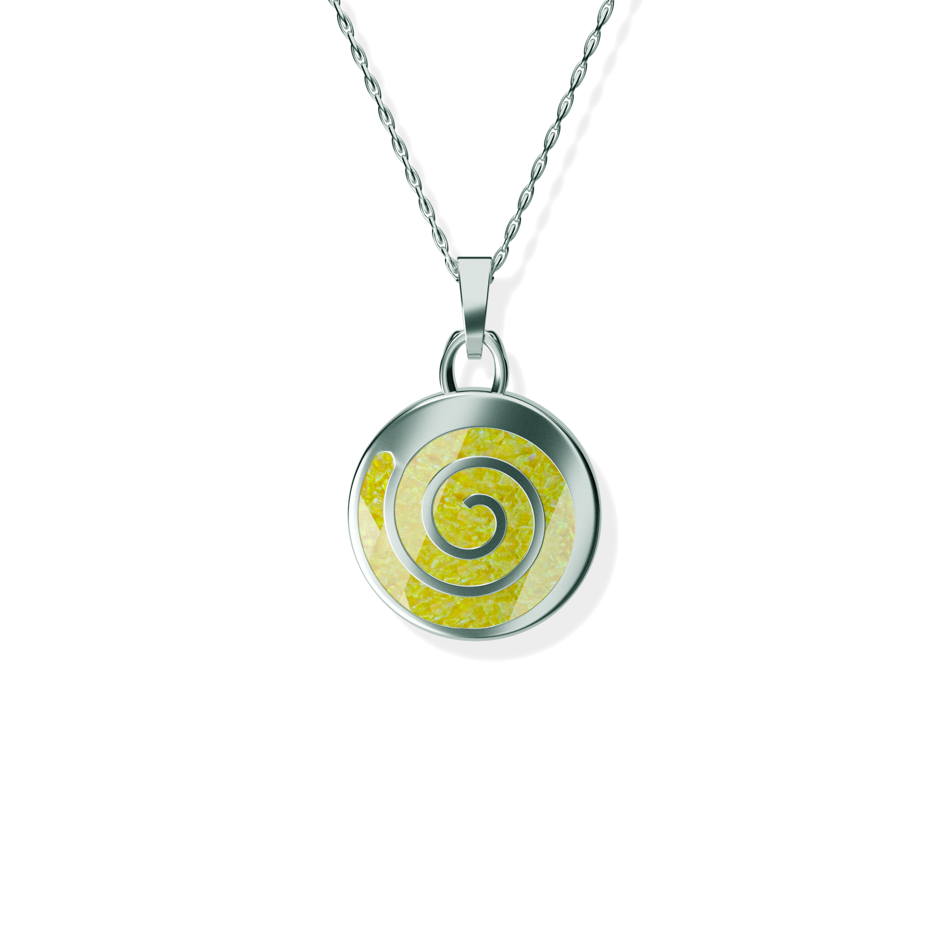 Opals & Ashes Spiral Memorial Pendant Silver. Ashes blended with Summer Yellow Opals.