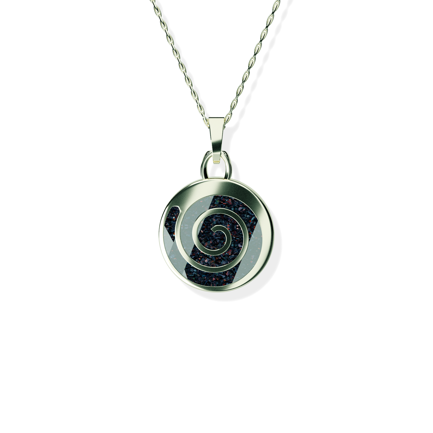 Opals & Ashes Spiral Memorial Pendant 9ct White Gold. Ashes blended with Black Fire Opals.