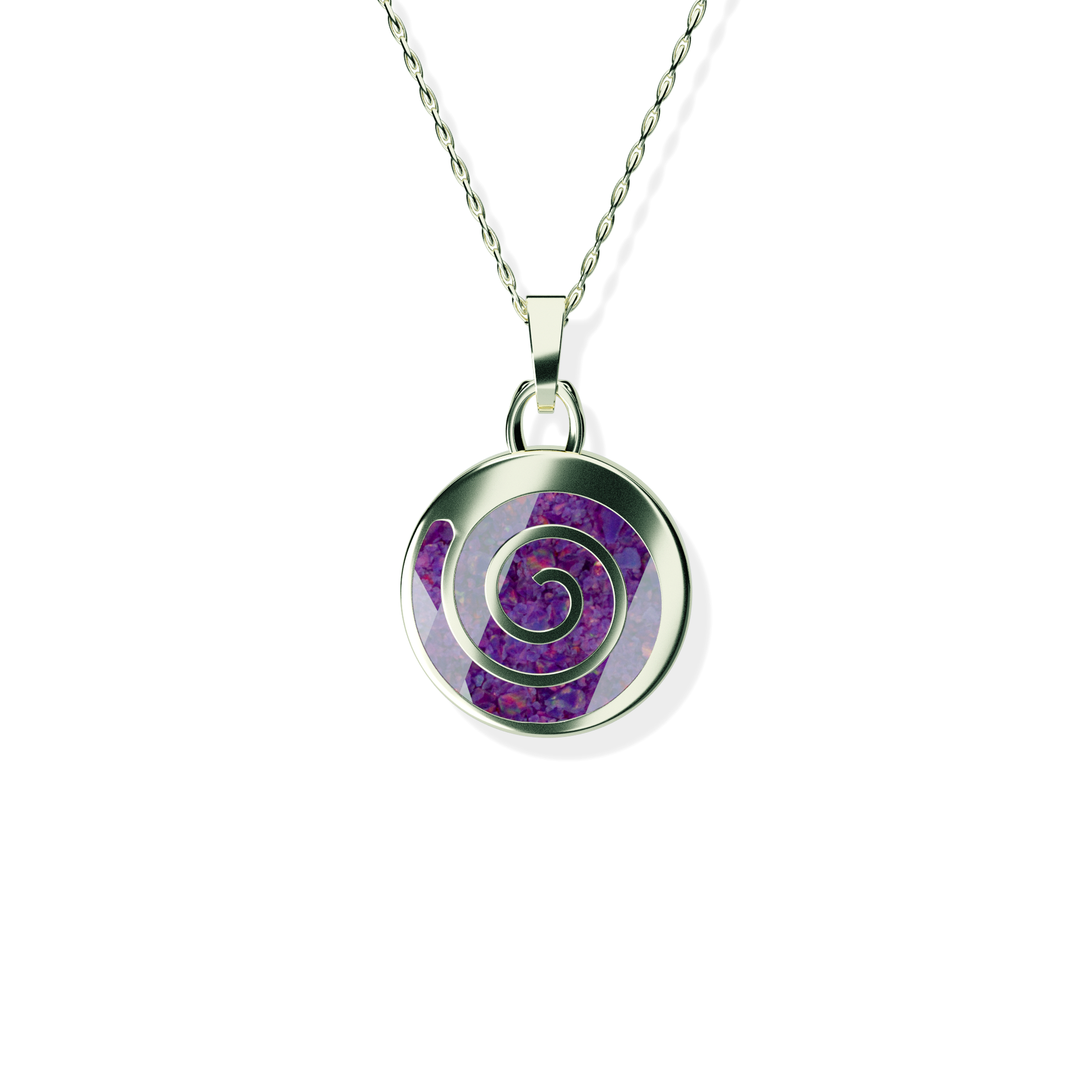 Opals & Ashes Spiral Memorial Pendant 9ct White Gold. Ashes blended with Lavender Opals.