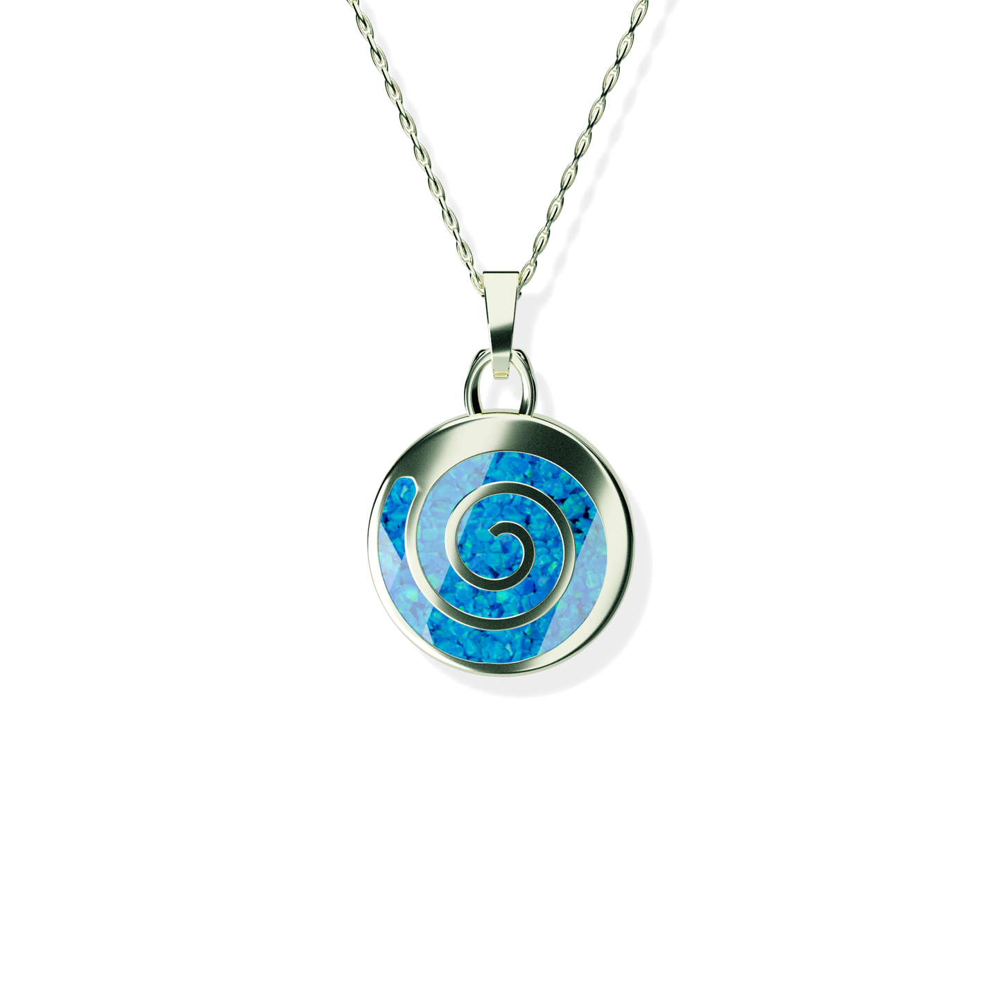 Opals & Ashes Spiral Memorial Pendant 9ct White Gold. Ashes blended with Pacific Blue Opals.