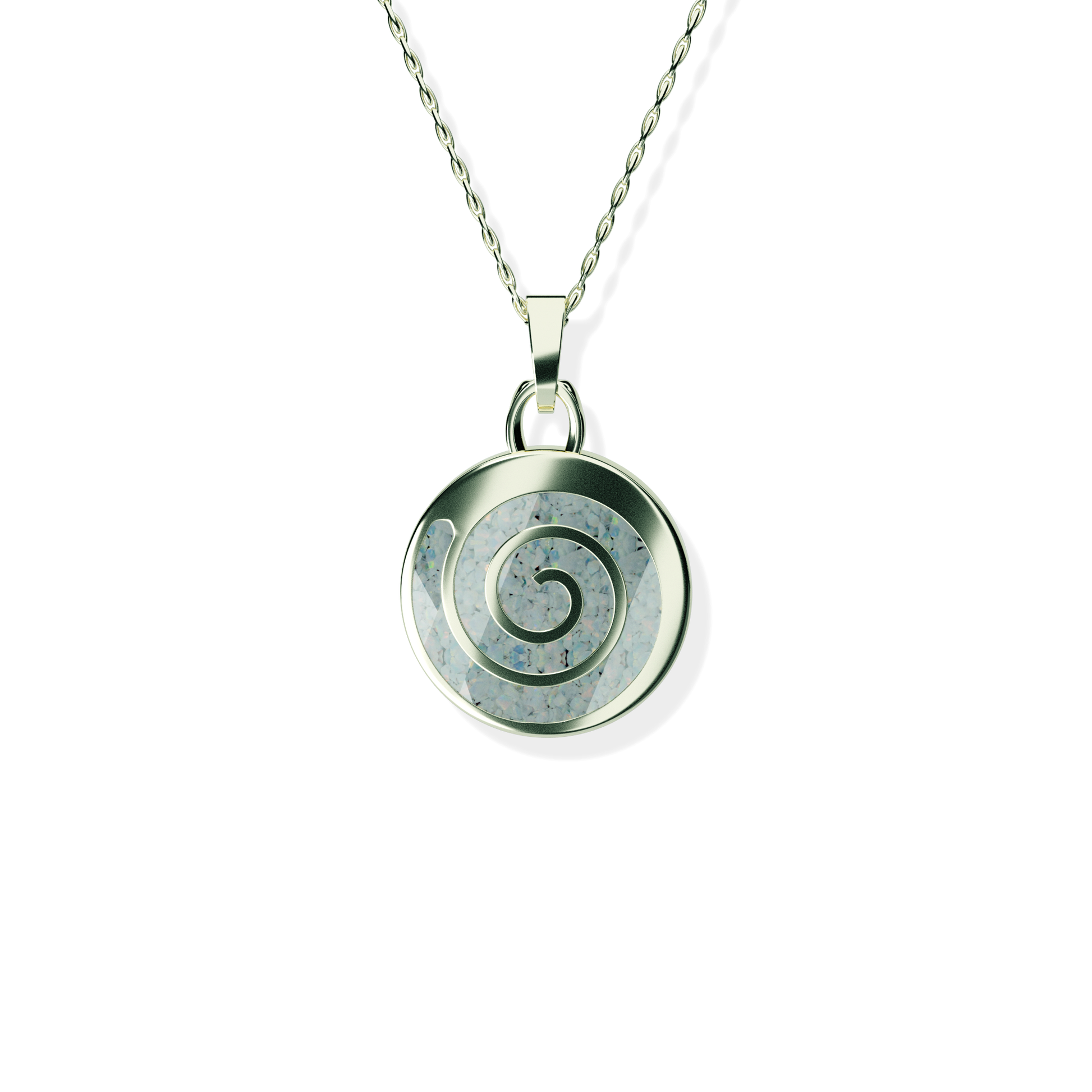 Opals & Ashes Spiral Memorial Pendant 9ct White Gold. Ashes blended with Pearl White Opals.