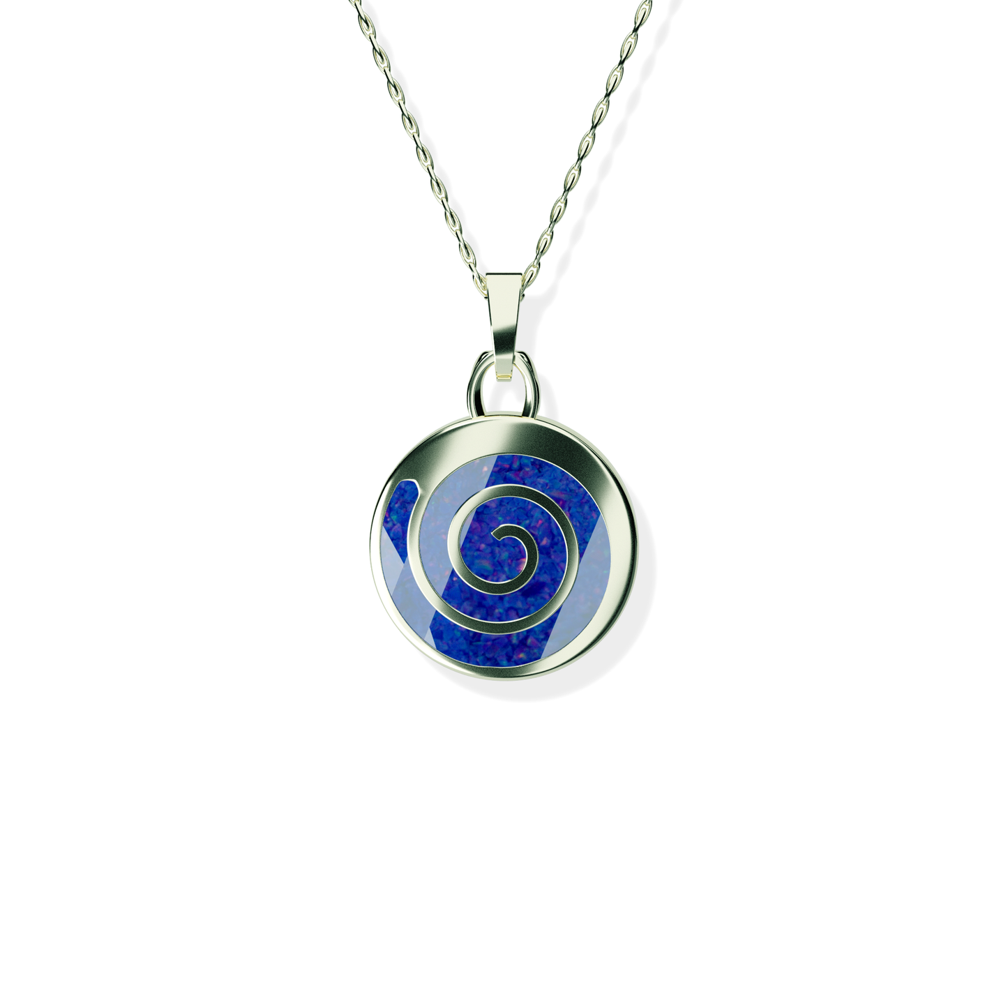 Opals & Ashes Spiral Memorial Pendant 9ct White Gold. Ashes blended with Royal Blue Opals.