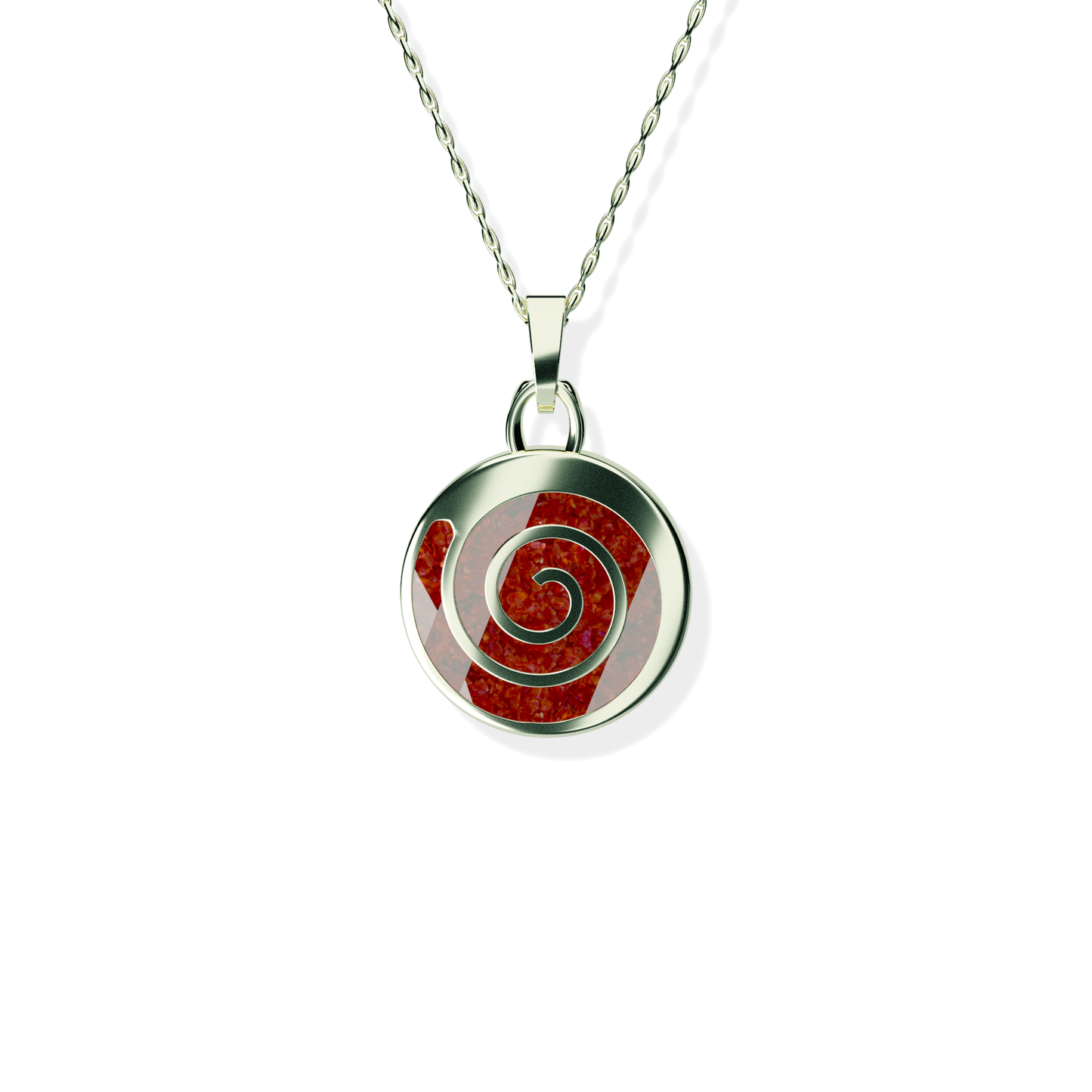 Opals & Ashes Spiral Memorial Pendant 9ct White Gold. Ashes blended with Ruby Red Opals.