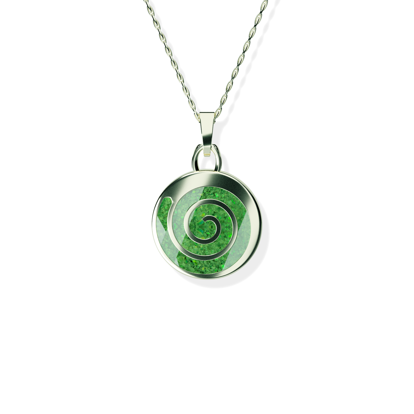 Opals & Ashes Spiral Memorial Pendant 9ct White Gold. Ashes blended with Spring Green Opals.