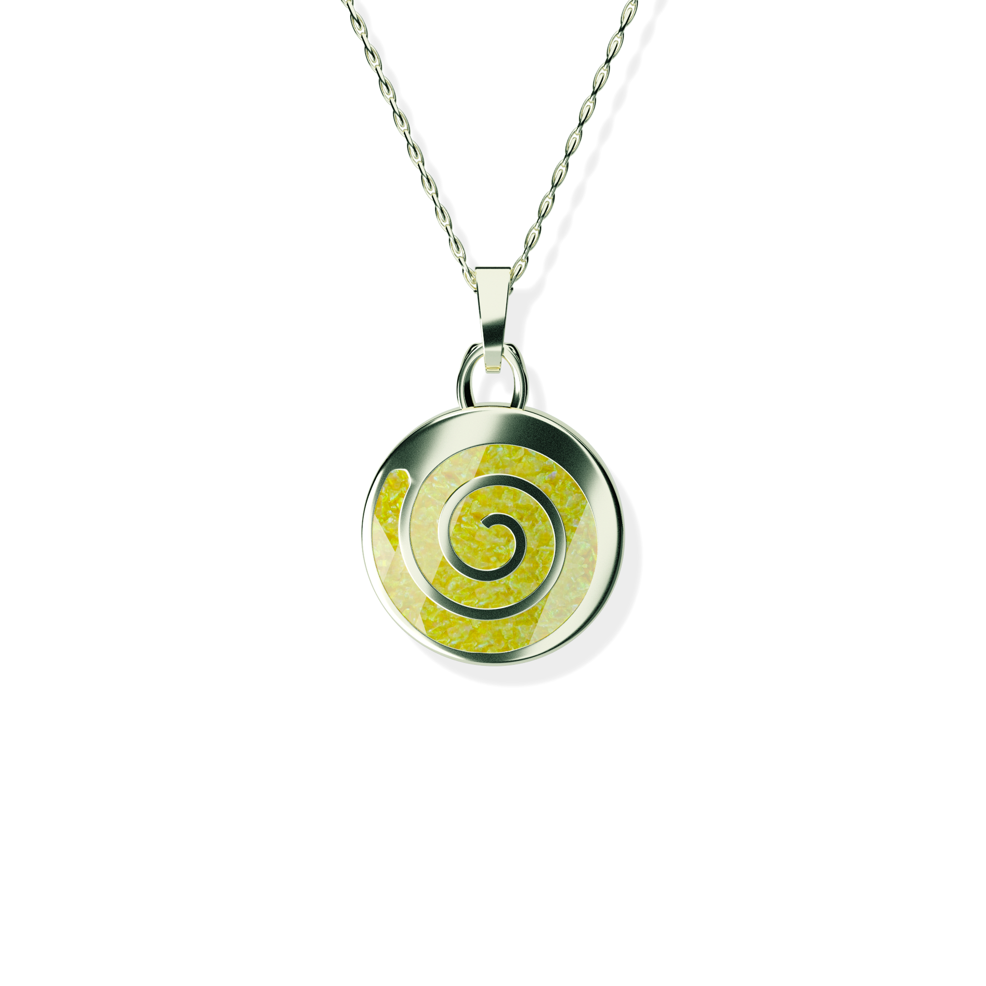 Opals & Ashes Spiral Memorial Pendant 9ct White Gold. Ashes blended with Summer Yellow Opals.