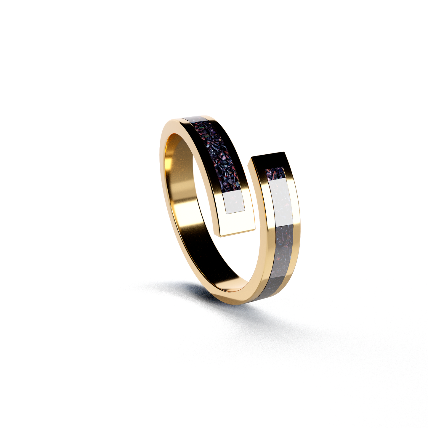 Opals & Ashes Spiral Memorial Ring 9ct Yellow Gold. Ashes blended with Black Fire Opals.