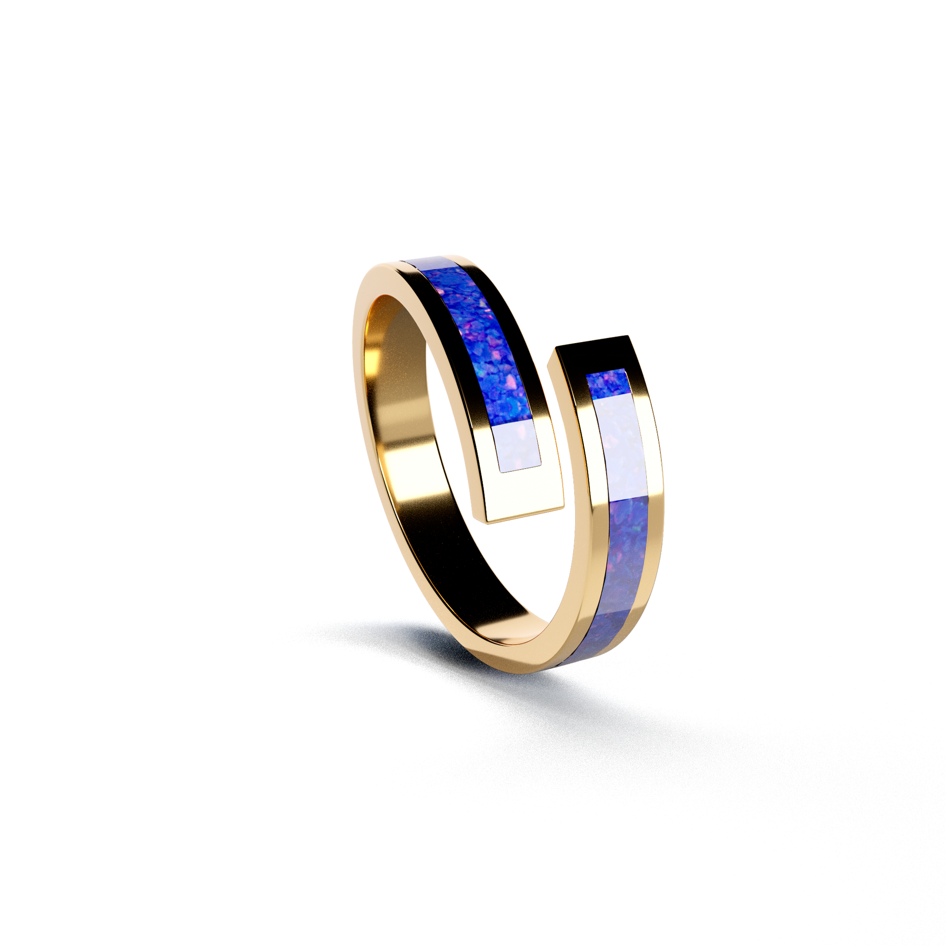 Opals & Ashes Spiral Memorial Ring 9ct Yellow Gold. Ashes blended with Royal Blue Opals.