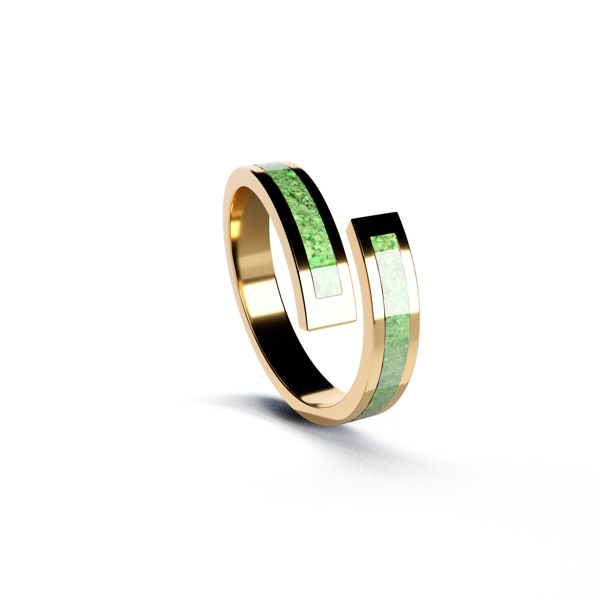 Opals & Ashes Spiral Memorial Ring 9ct Yellow Gold. Ashes blended with Spring Green Opals.