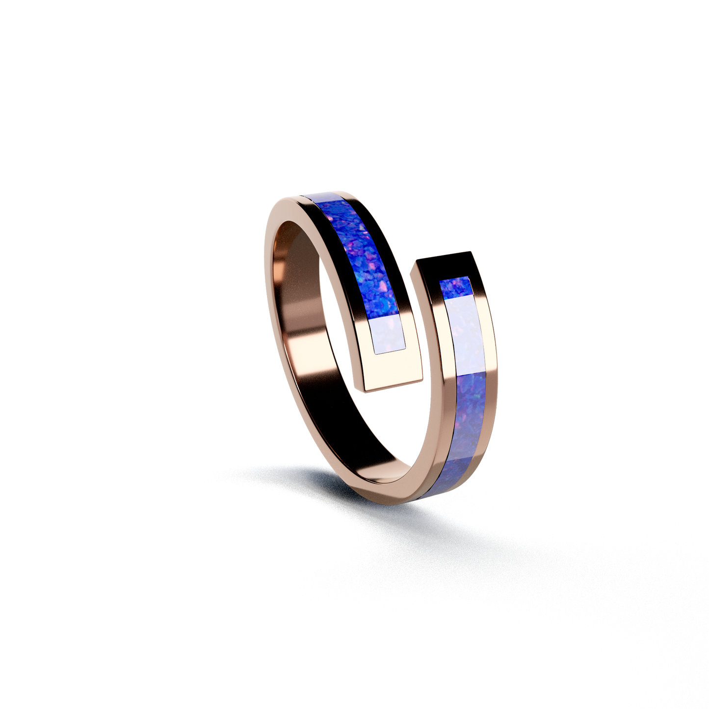 Opals & Ashes Spiral Memorial Ring 9ct Rose Gold. Ashes blended with Royal Blue Opals.