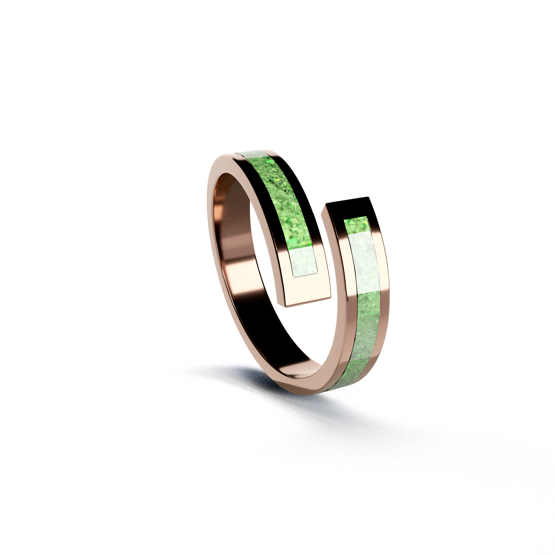 Opals & Ashes Spiral Memorial Ring 9ct Rose Gold. Ashes blended with Spring Green Opals.