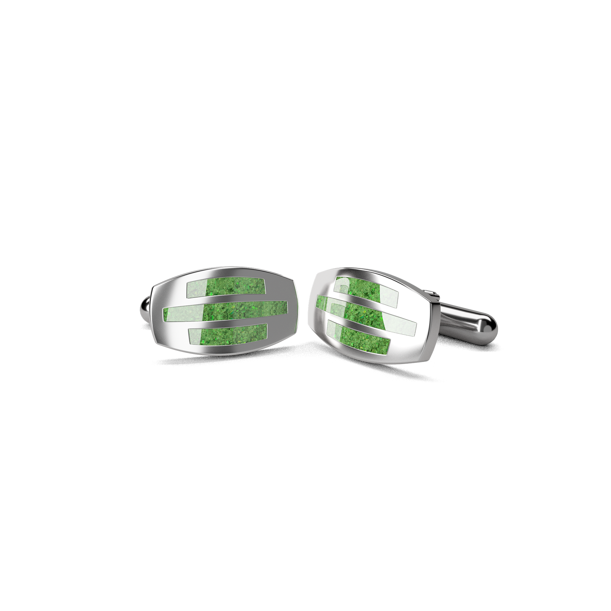 Opals & Ashes Trinity Memorial Cufflinks Silver. Ashes blended with Spring Green Opals.