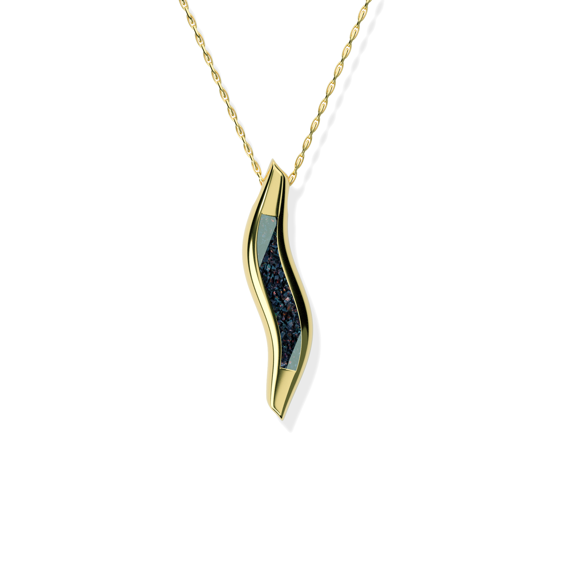 Opals & Ashes Wave Memorial Pendant 9ct Yellow Gold. Ashes blended with Black Fire Opals.