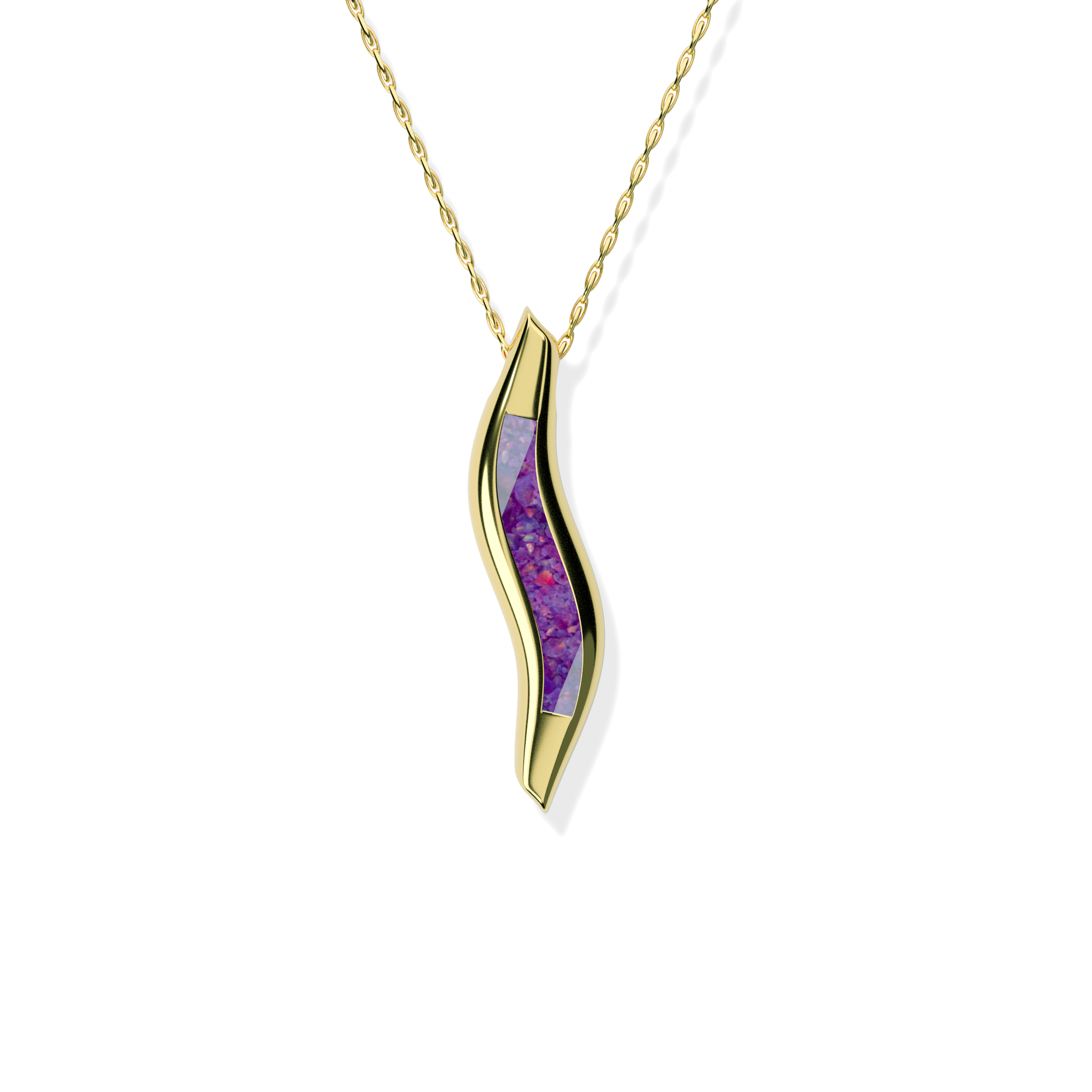 Opals & Ashes Wave Memorial Pendant 9ct Yellow Gold. Ashes blended with Lavender Opals.