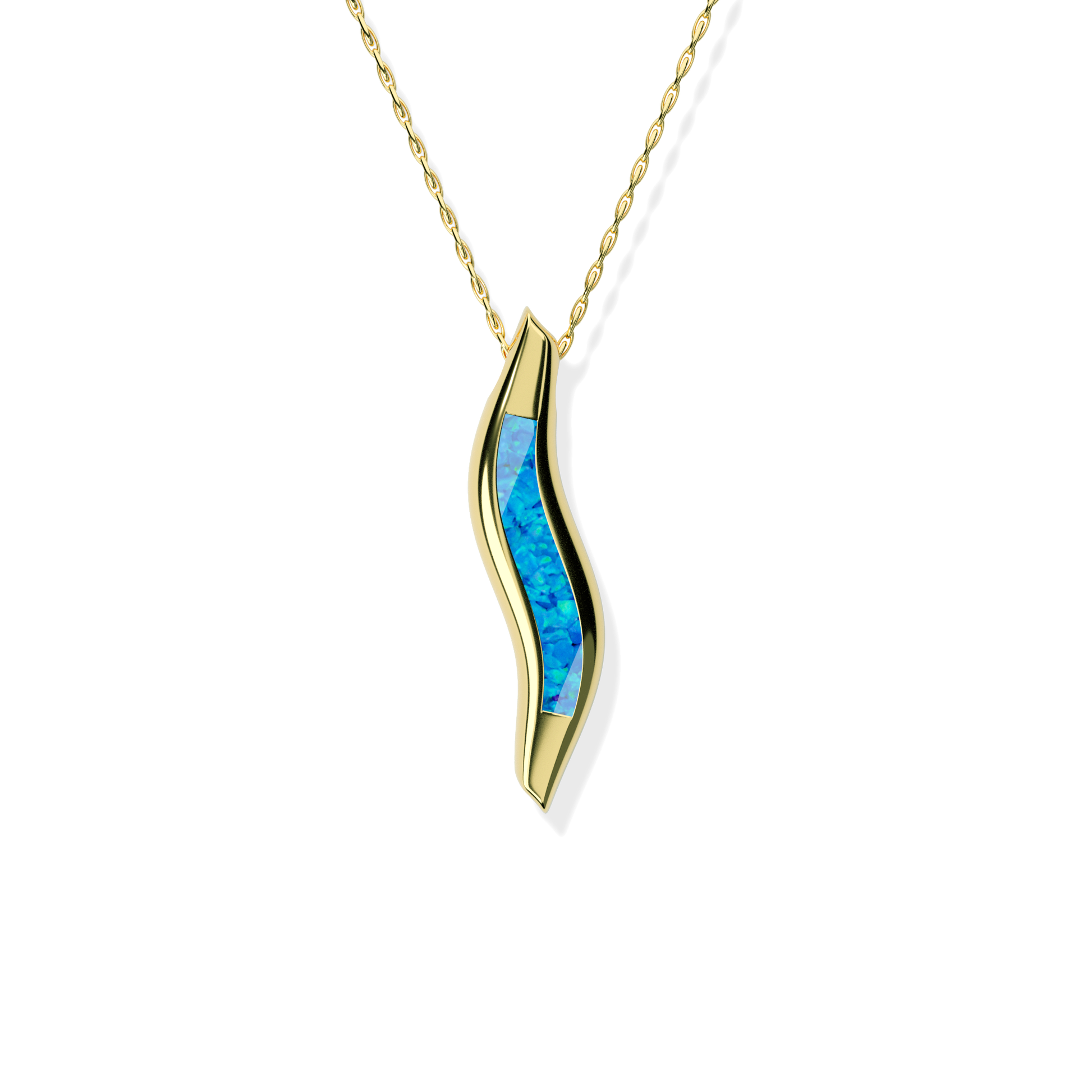 Opals & Ashes Wave Memorial Pendant 9ct Yellow Gold. Ashes blended with Pacific Blue Opals.