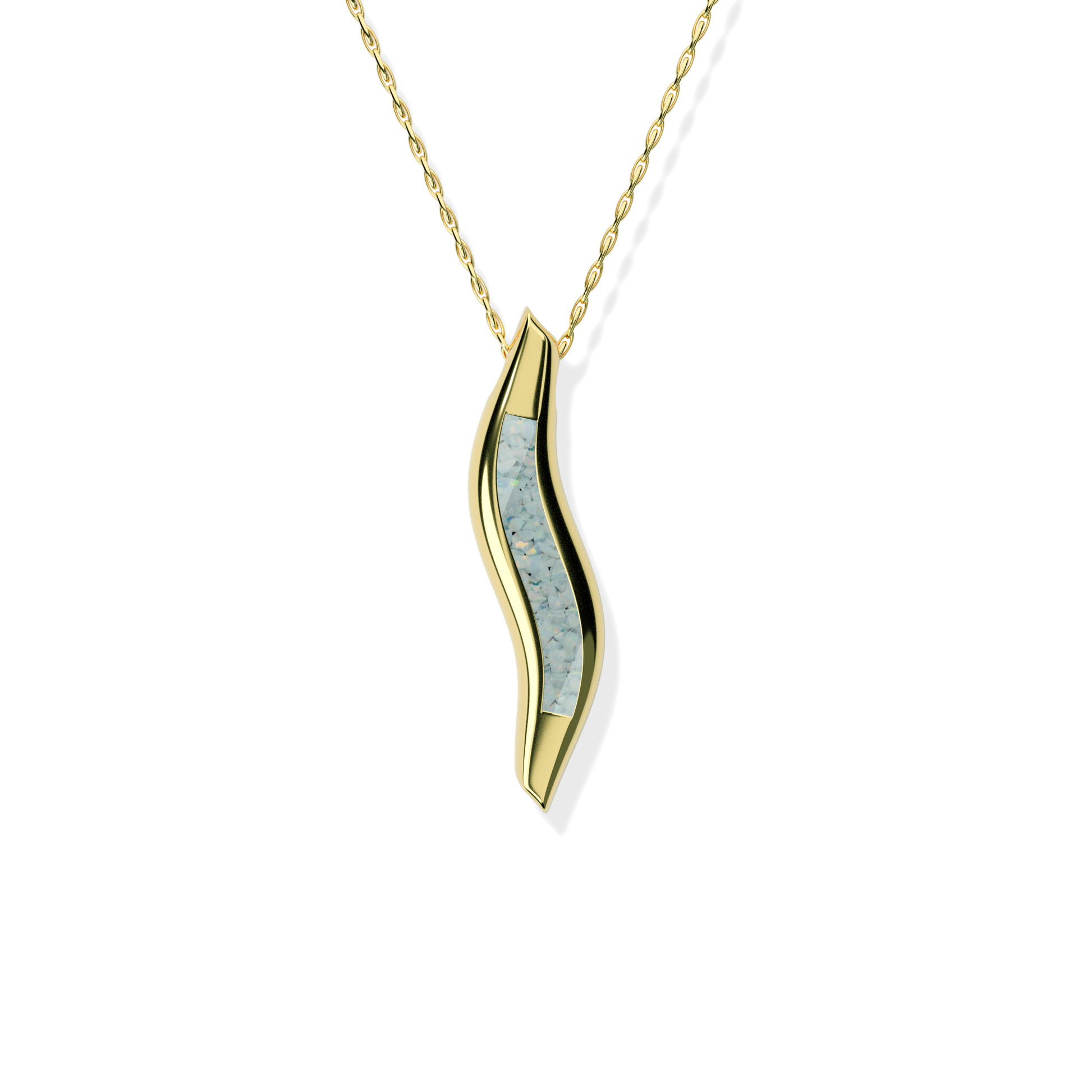 Opals & Ashes Wave Memorial Pendant 9ct Yellow Gold. Ashes blended with Pearl White Opals.