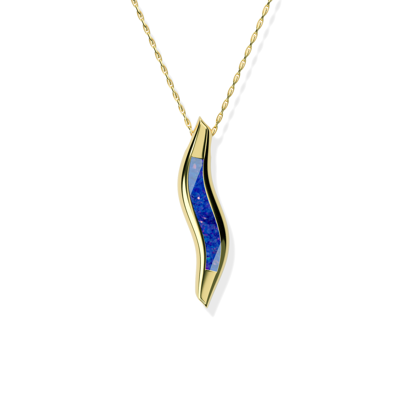 Opals & Ashes Wave Memorial Pendant 9ct Yellow Gold. Ashes blended with Royal Blue Opals.