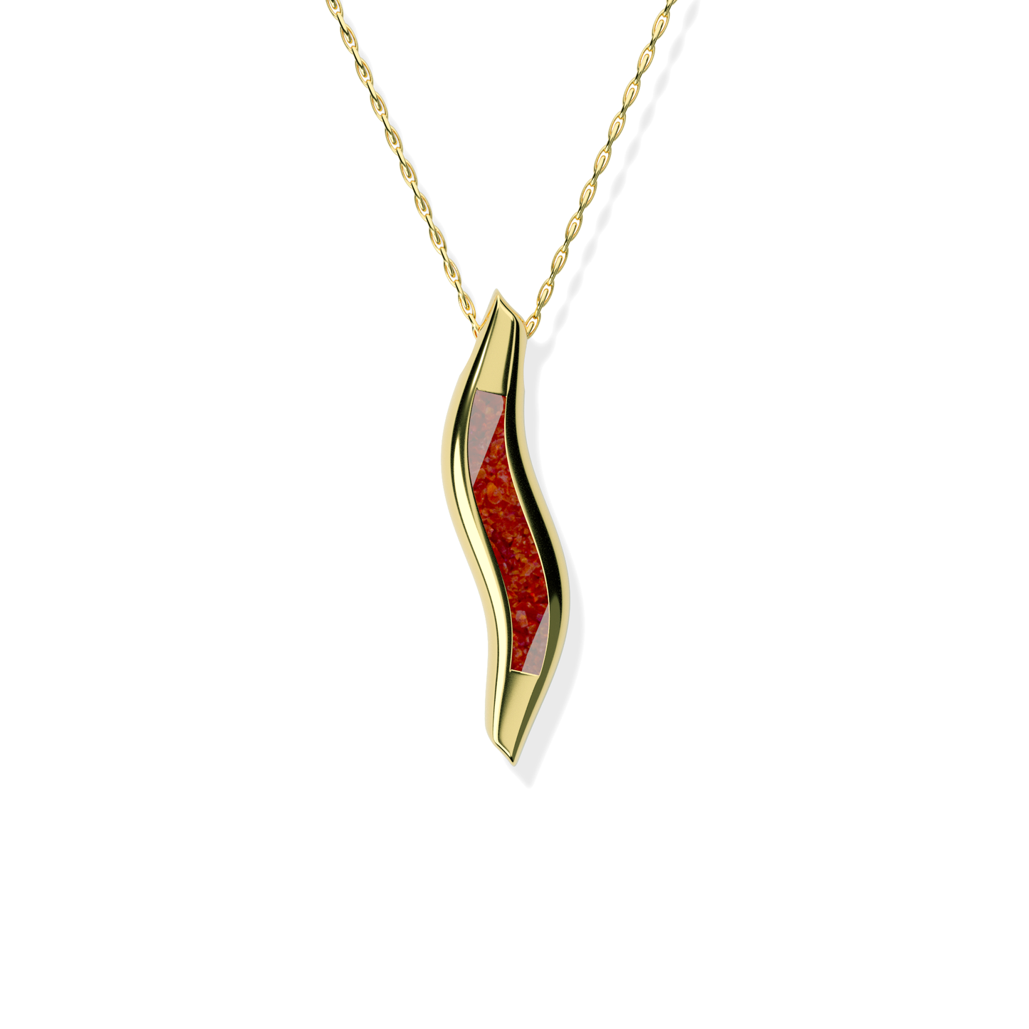 Opals & Ashes Wave Memorial Pendant 9ct Yellow Gold. Ashes blended with Ruby Red Opals.