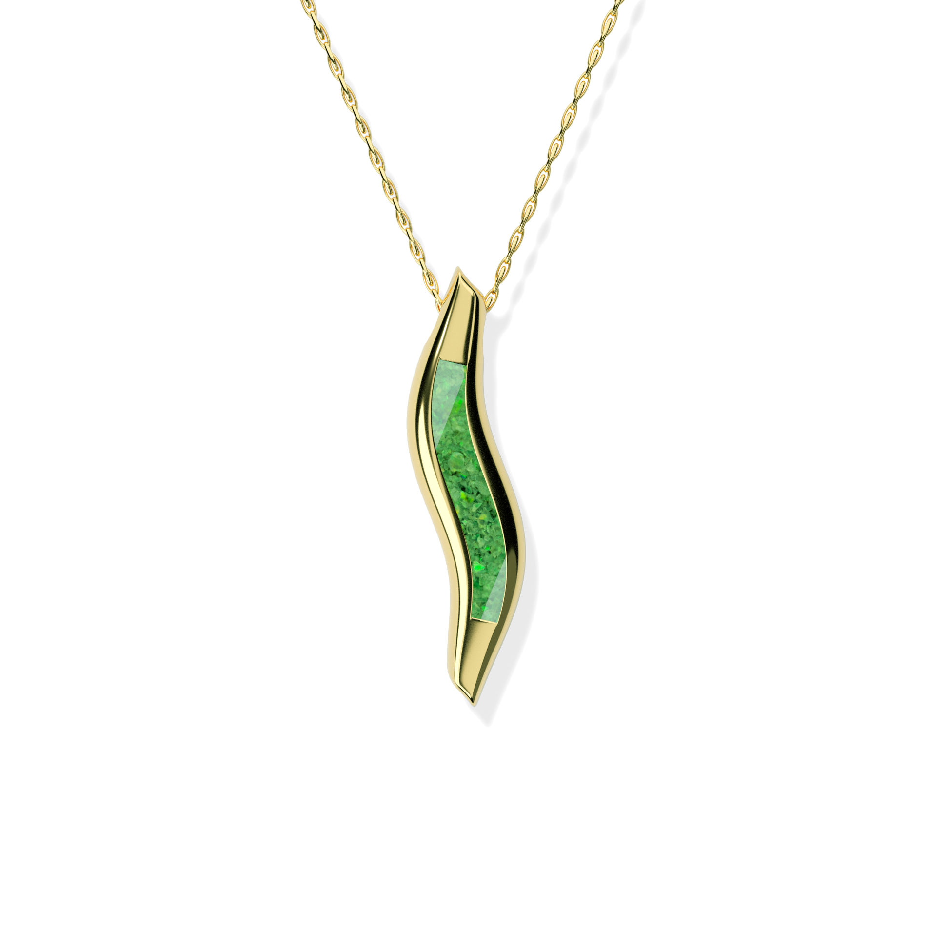 Opals & Ashes Wave Memorial Pendant 9ct Yellow Gold. Ashes blended with Spring Green Opals.