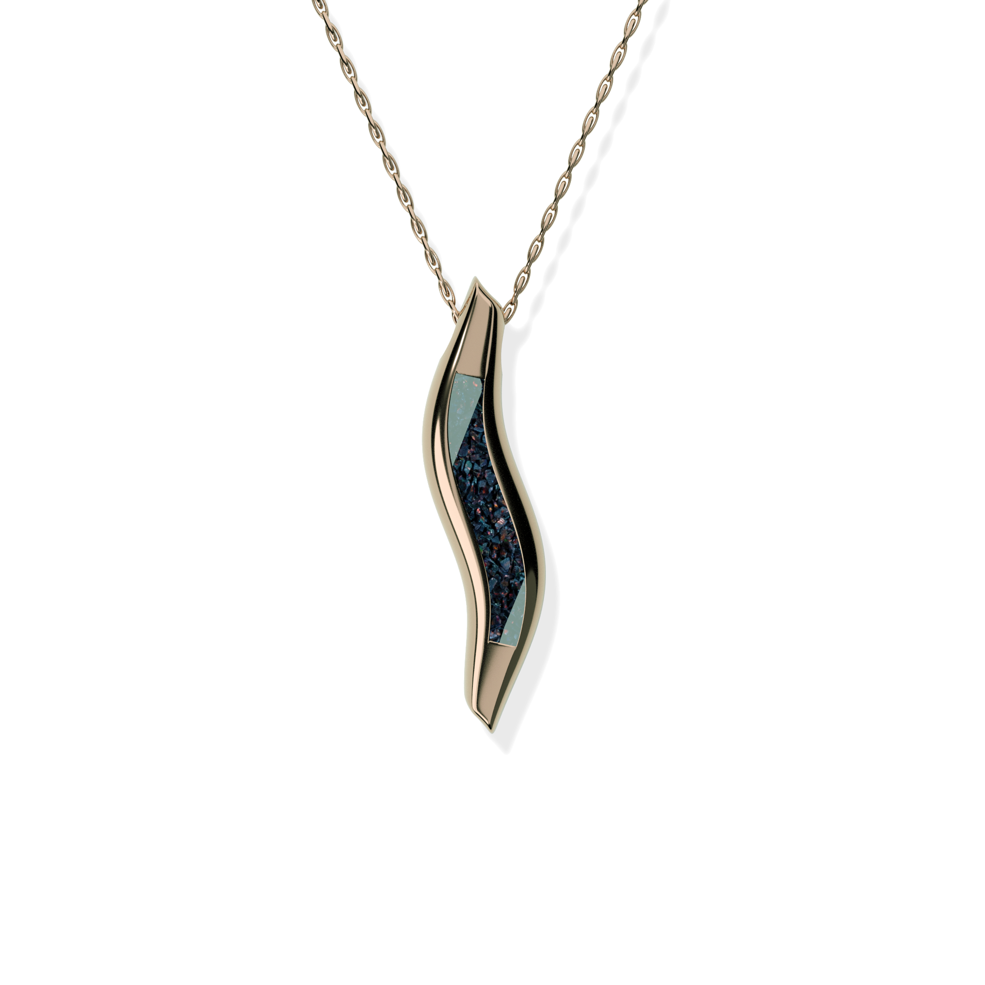 Opals & Ashes Wave Memorial Pendant 9ct Rose Gold. Ashes blended with Black Fire Opals.