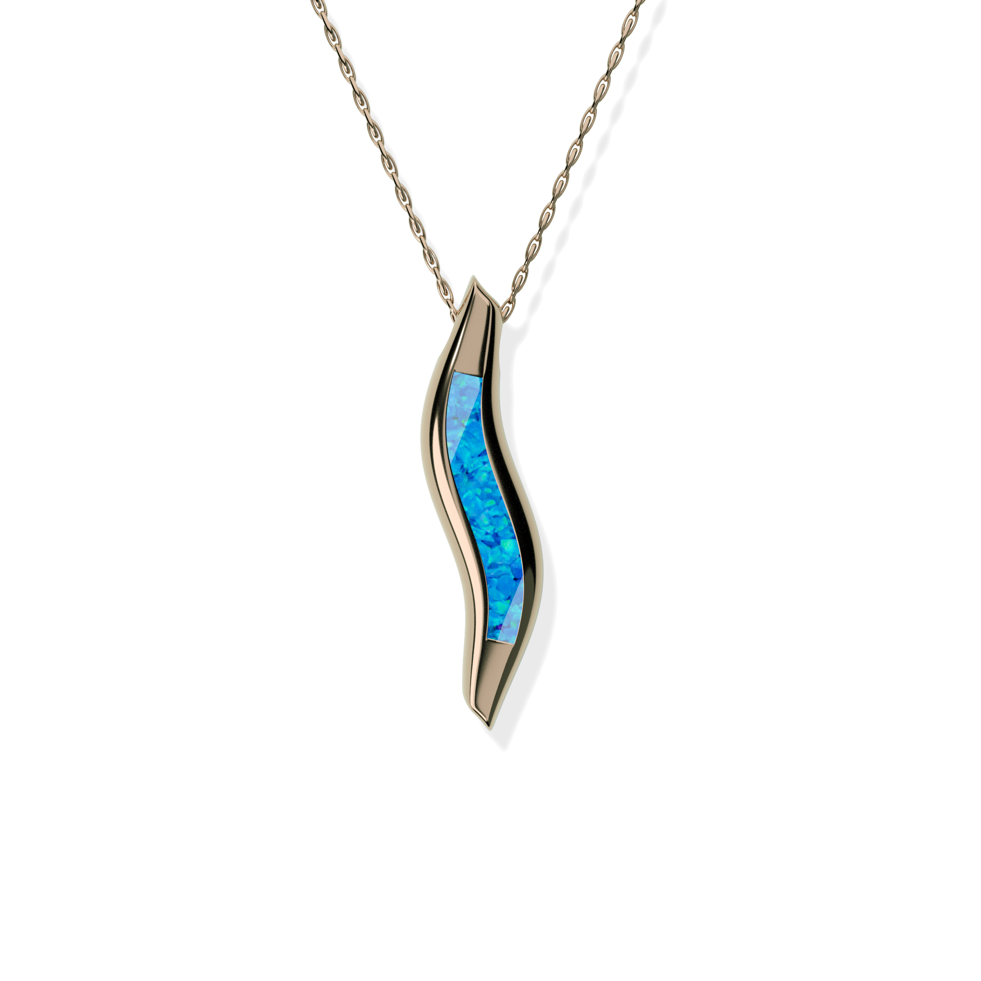 Opals & Ashes Wave Memorial Pendant 9ct Rose Gold. Ashes blended with Pacific Blue Opals.