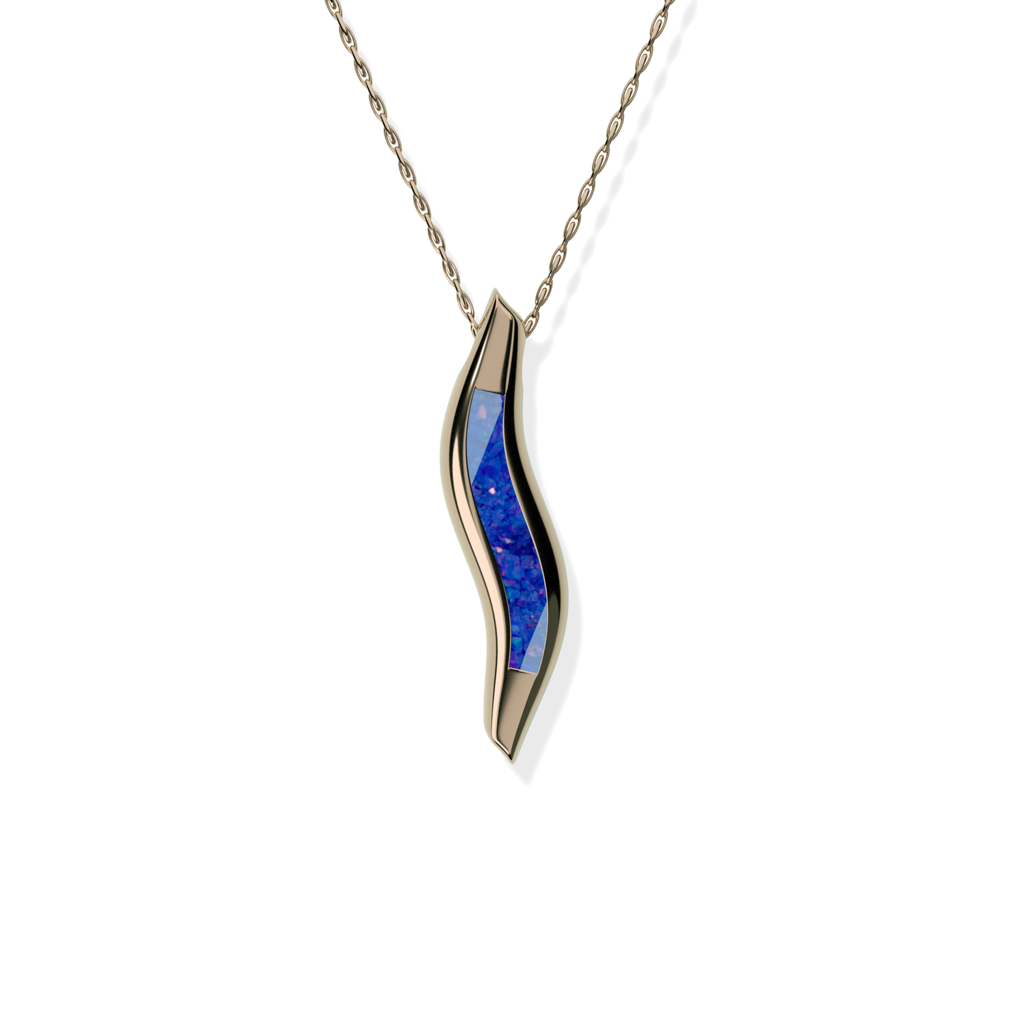 Opals & Ashes Wave Memorial Pendant 9ct Rose Gold. Ashes blended with Royal Blue Opals.