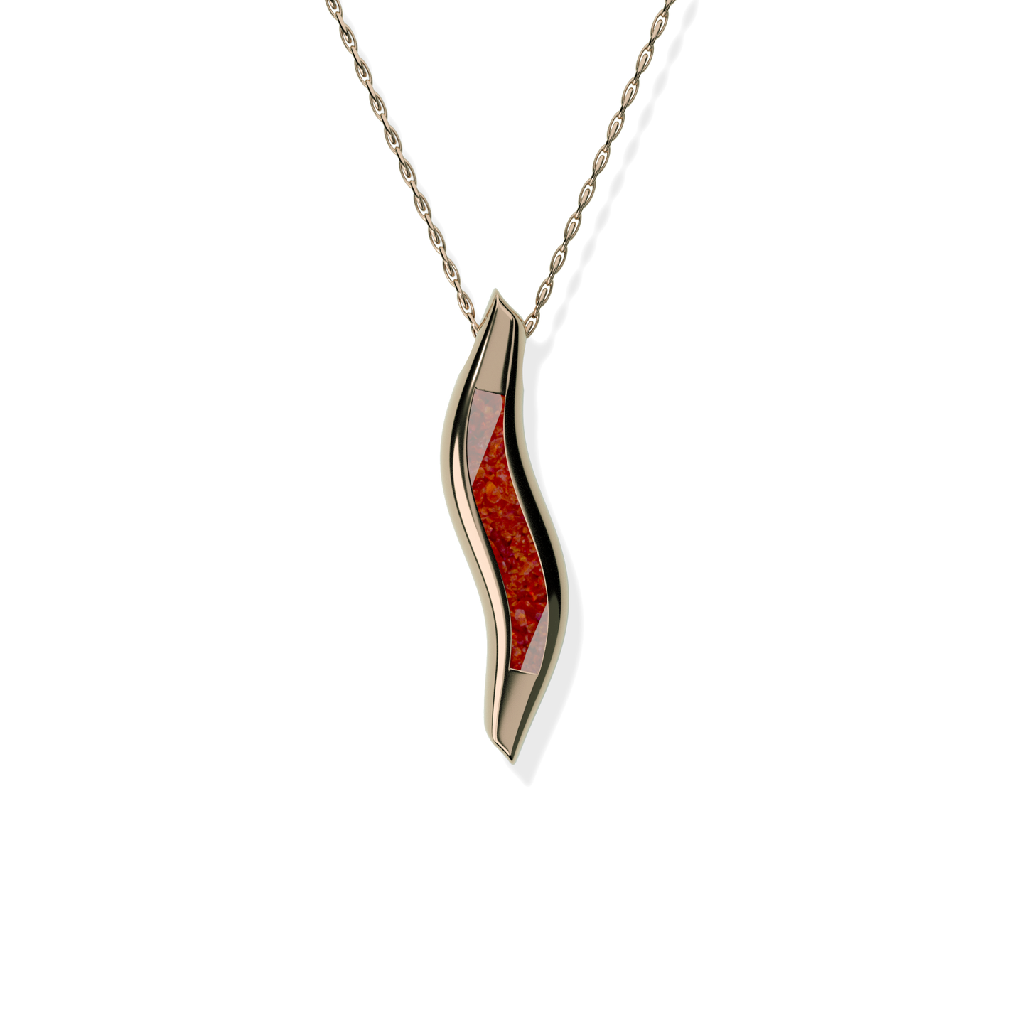 Opals & Ashes Wave Memorial Pendant 9ct Rose Gold. Ashes blended with Ruby Red Opals.