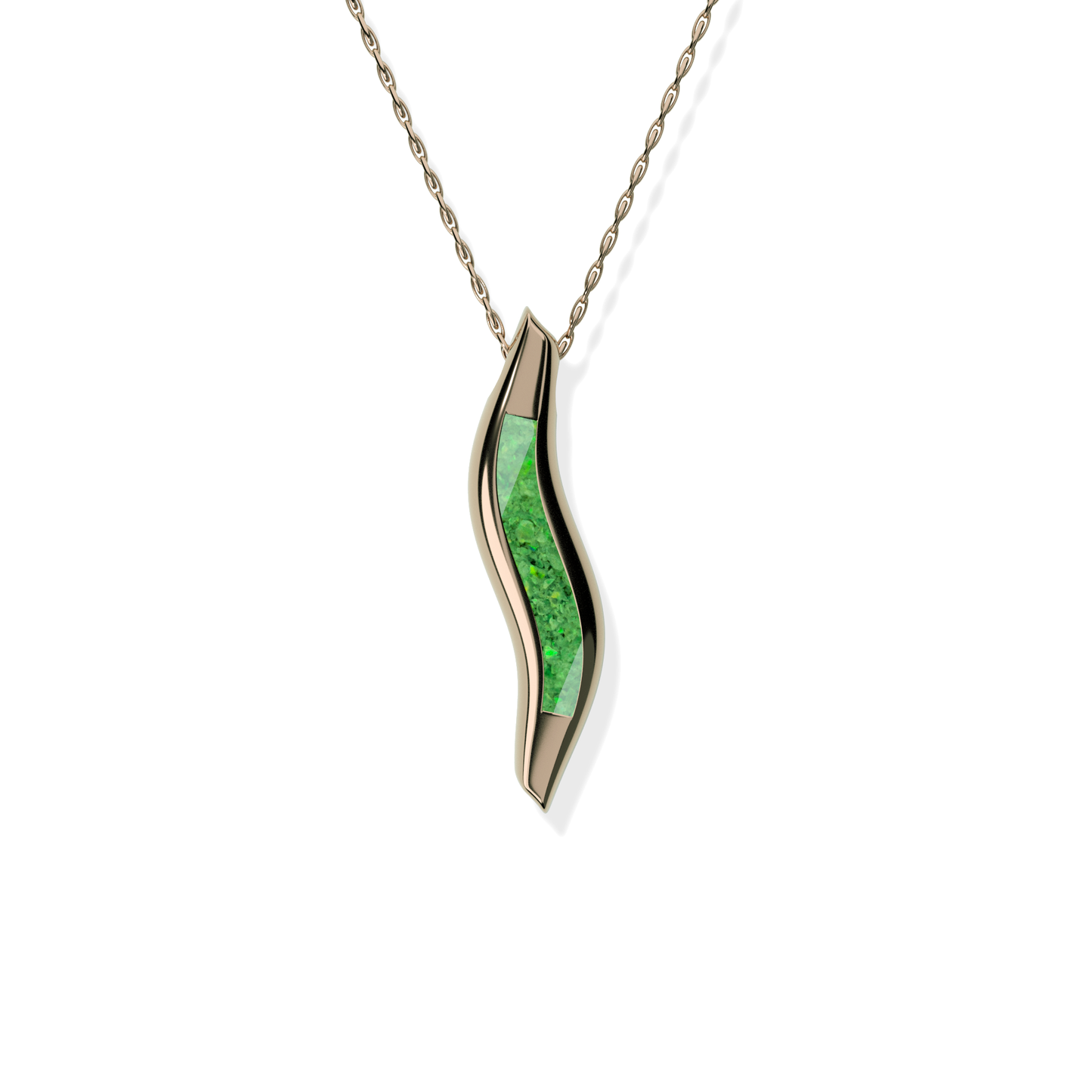 Opals & Ashes Wave Memorial Pendant 9ct Rose Gold. Ashes blended with Spring Green Opals.