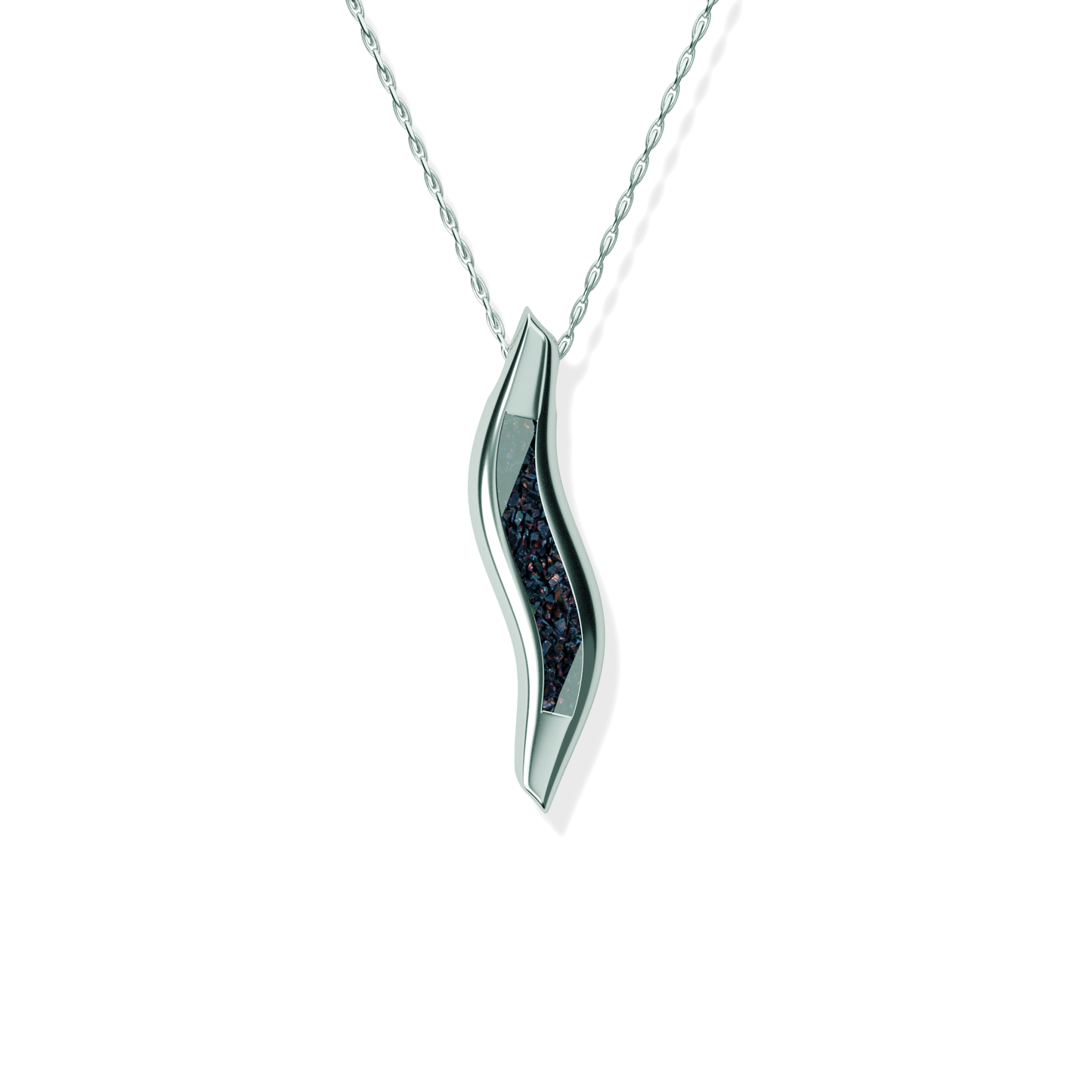 Opals & Ashes Wave Memorial Pendant Silver. Ashes blended with Black Fire Opals.