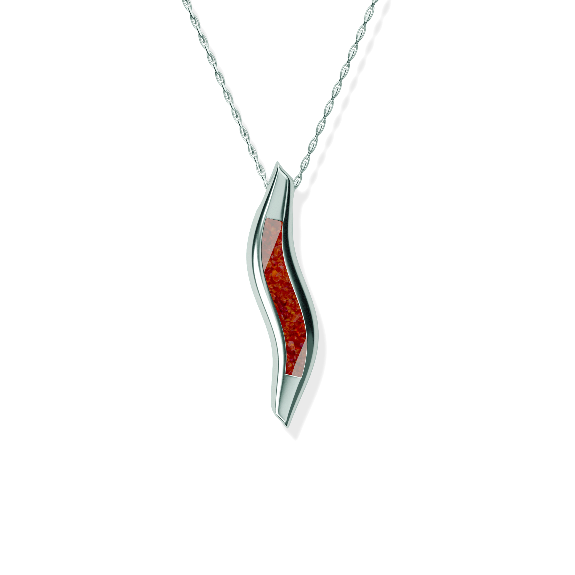 Opals & Ashes Wave Memorial Pendant Silver. Ashes blended with Ruby Red Opals.