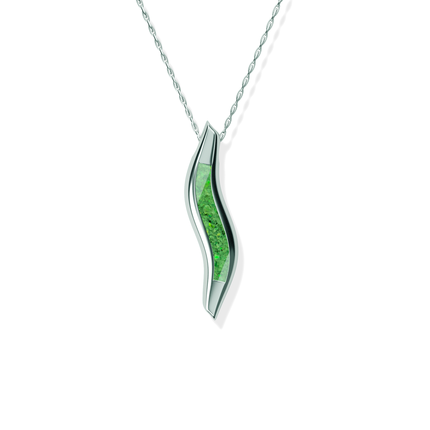 Opals & Ashes Wave Memorial Pendant Silver. Ashes blended with Spring Green Opals.