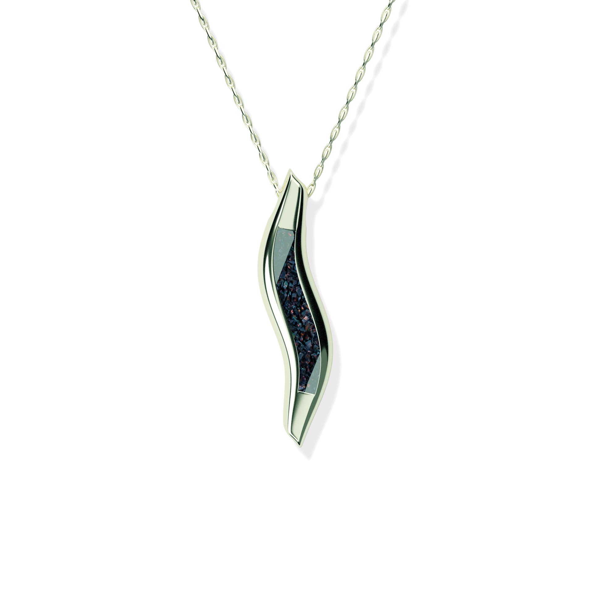 Opals & Ashes Wave Memorial Pendant 9ct White Gold. Ashes blended with Black Fire Opals.