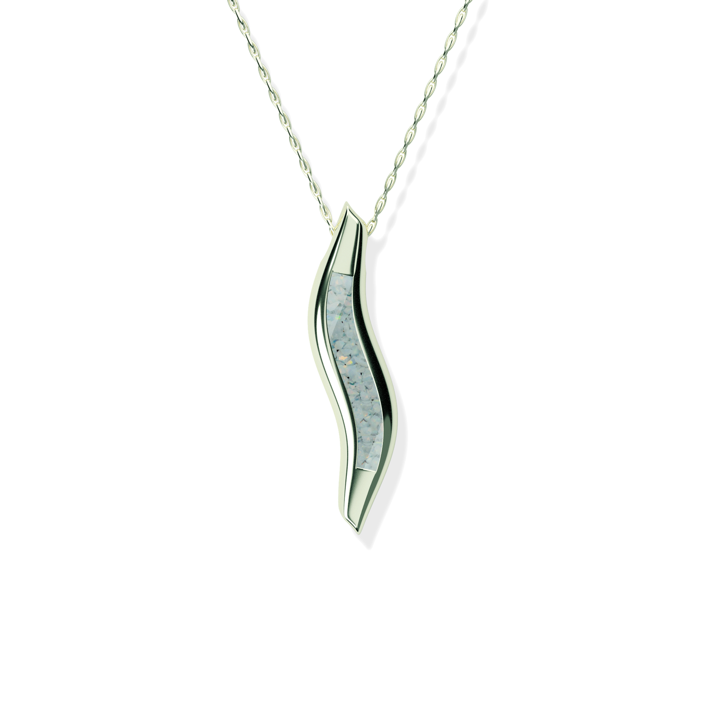 Opals & Ashes Wave Memorial Pendant 9ct White Gold. Ashes blended with Pearl White Opals.