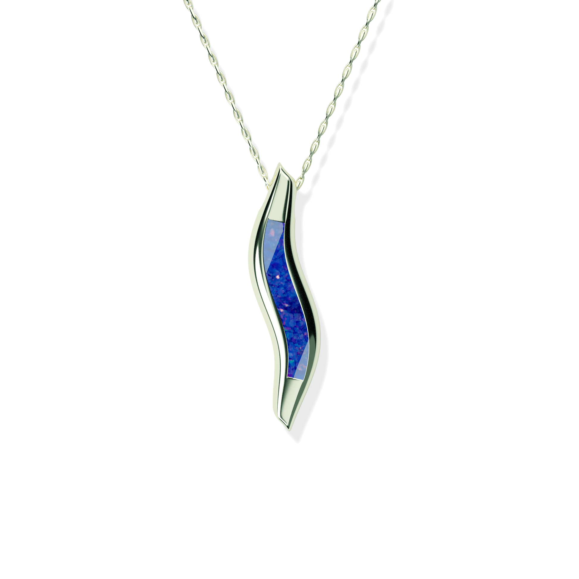 Opals & Ashes Wave Memorial Pendant 9ct White Gold. Ashes blended with Royal Blue Opals.