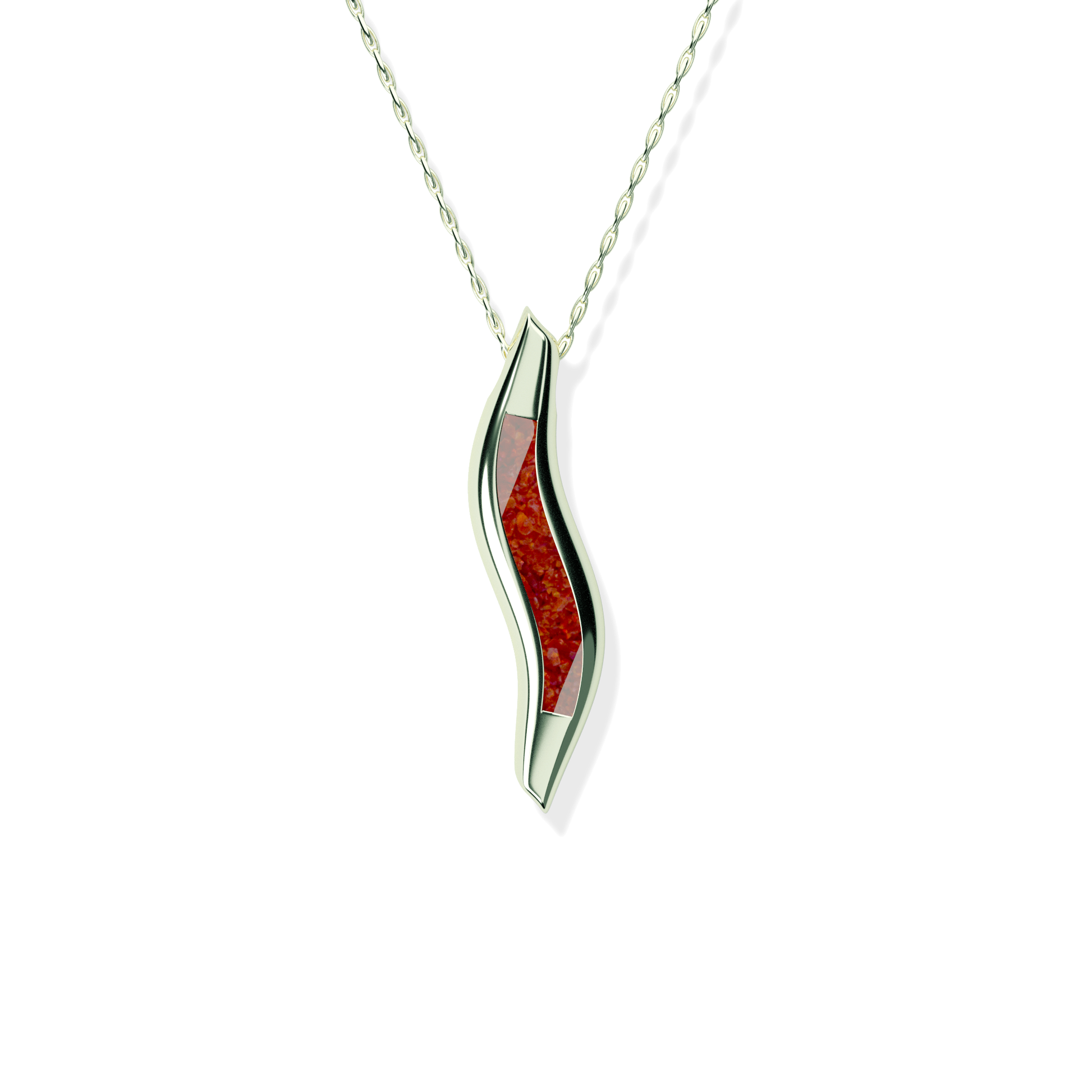 Opals & Ashes Wave Memorial Pendant 9ct White Gold. Ashes blended with Ruby Red Opals.