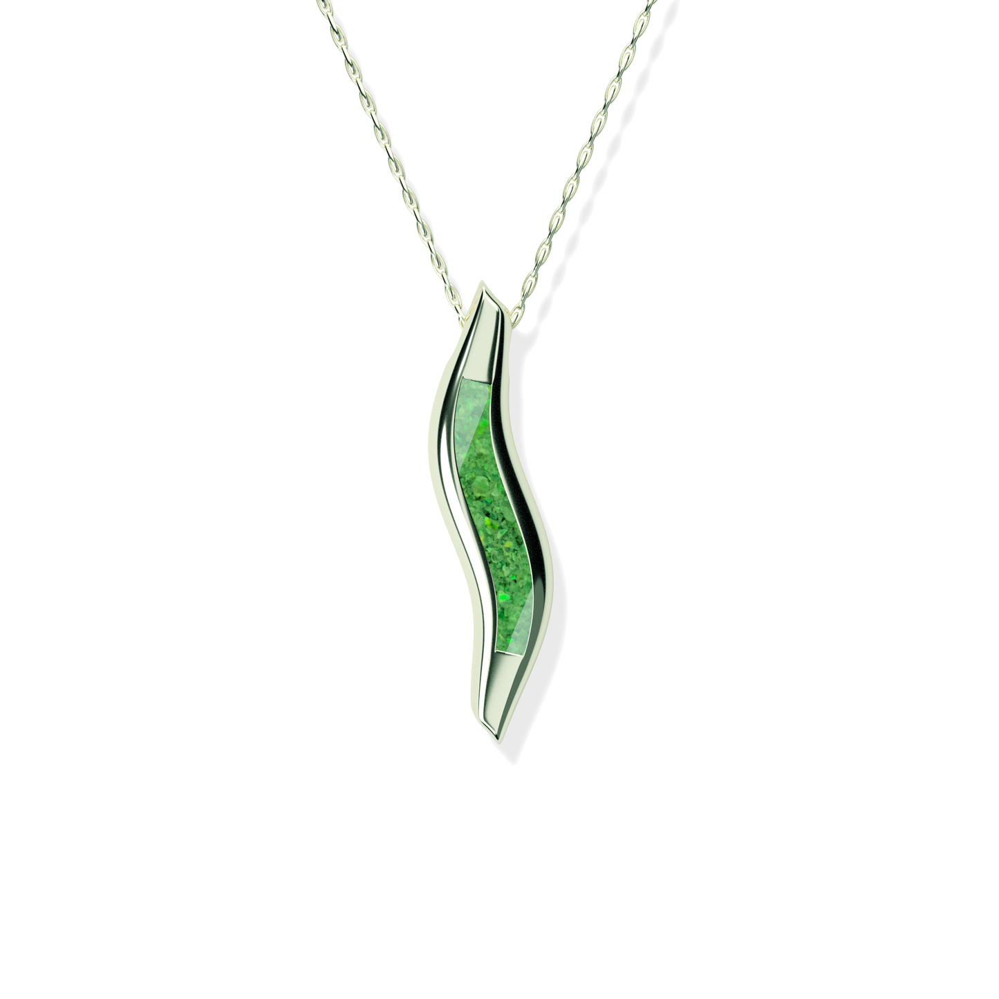 Opals & Ashes Wave Memorial Pendant 9ct White Gold. Ashes blended with Spring Green Opals.