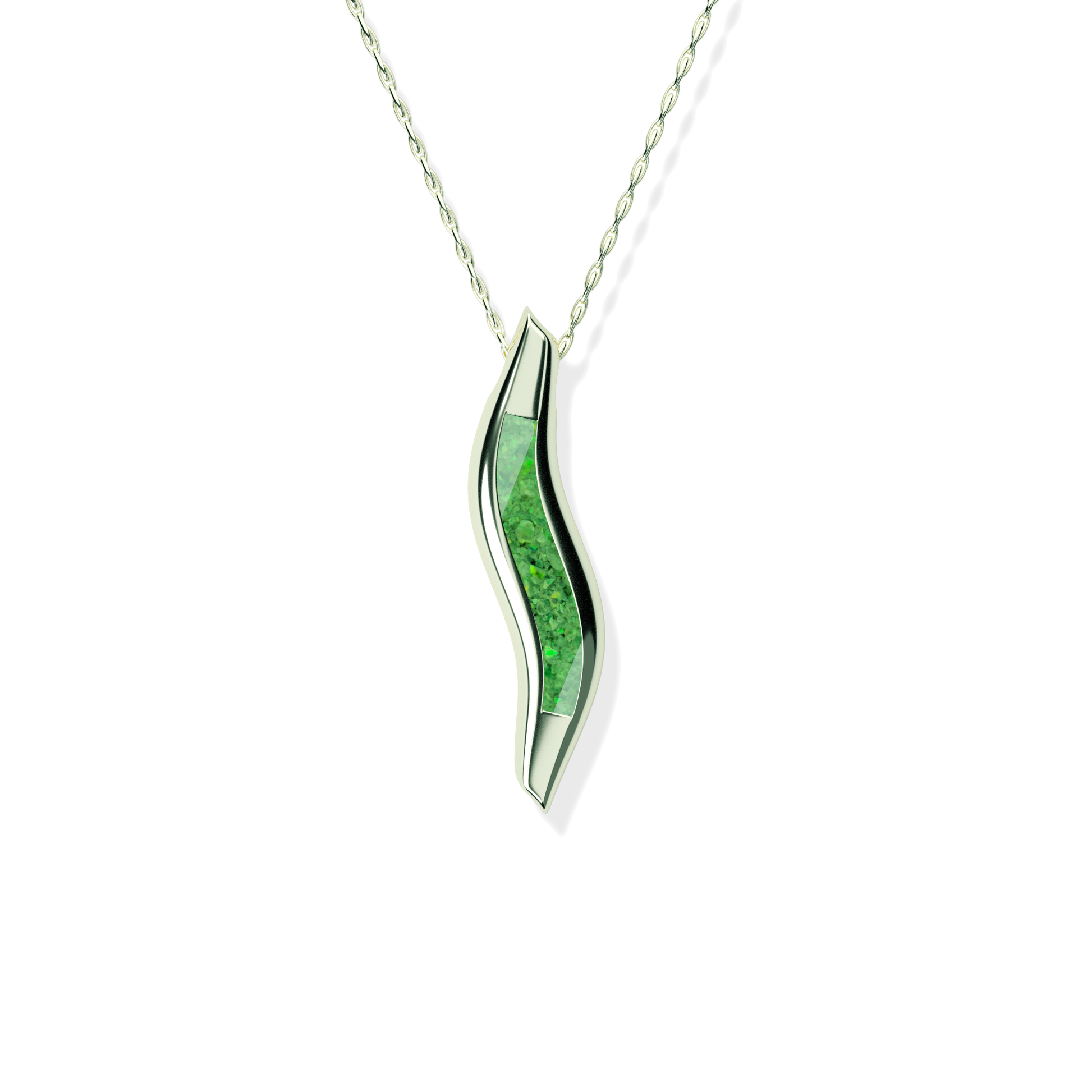 Opals & Ashes Wave Memorial Pendant 9ct White Gold. Ashes blended with Spring Green Opals.