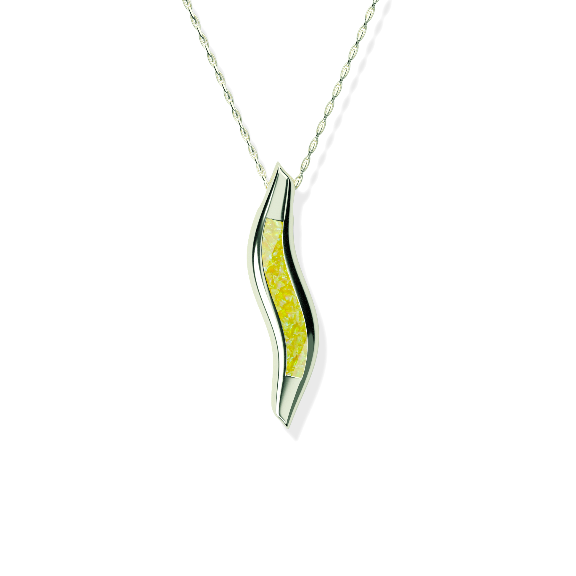 Opals & Ashes Wave Memorial Pendant 9ct White Gold. Ashes blended with Summer Yellow Opals.