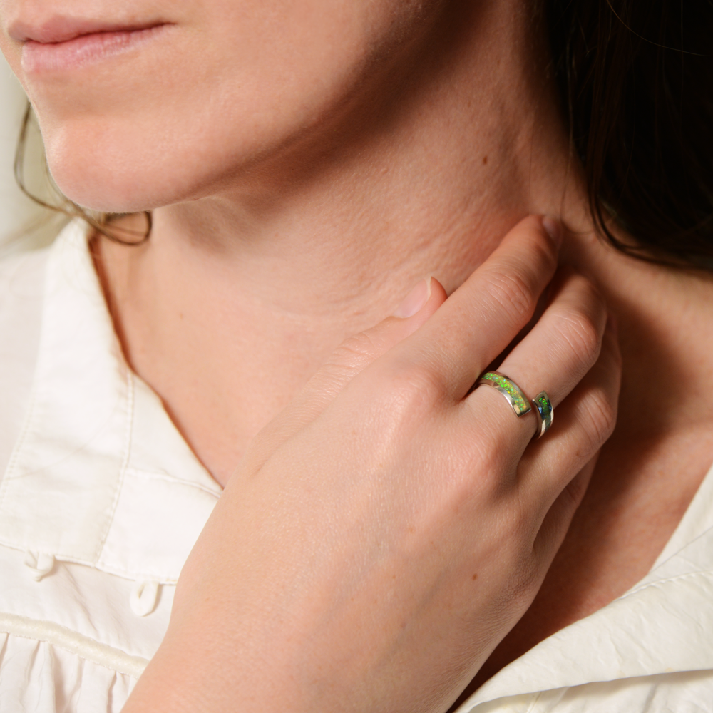 Opals & Ashes Spiral Memorial Ring Silver. Ashes blended with Spring Green Opals. Modelled